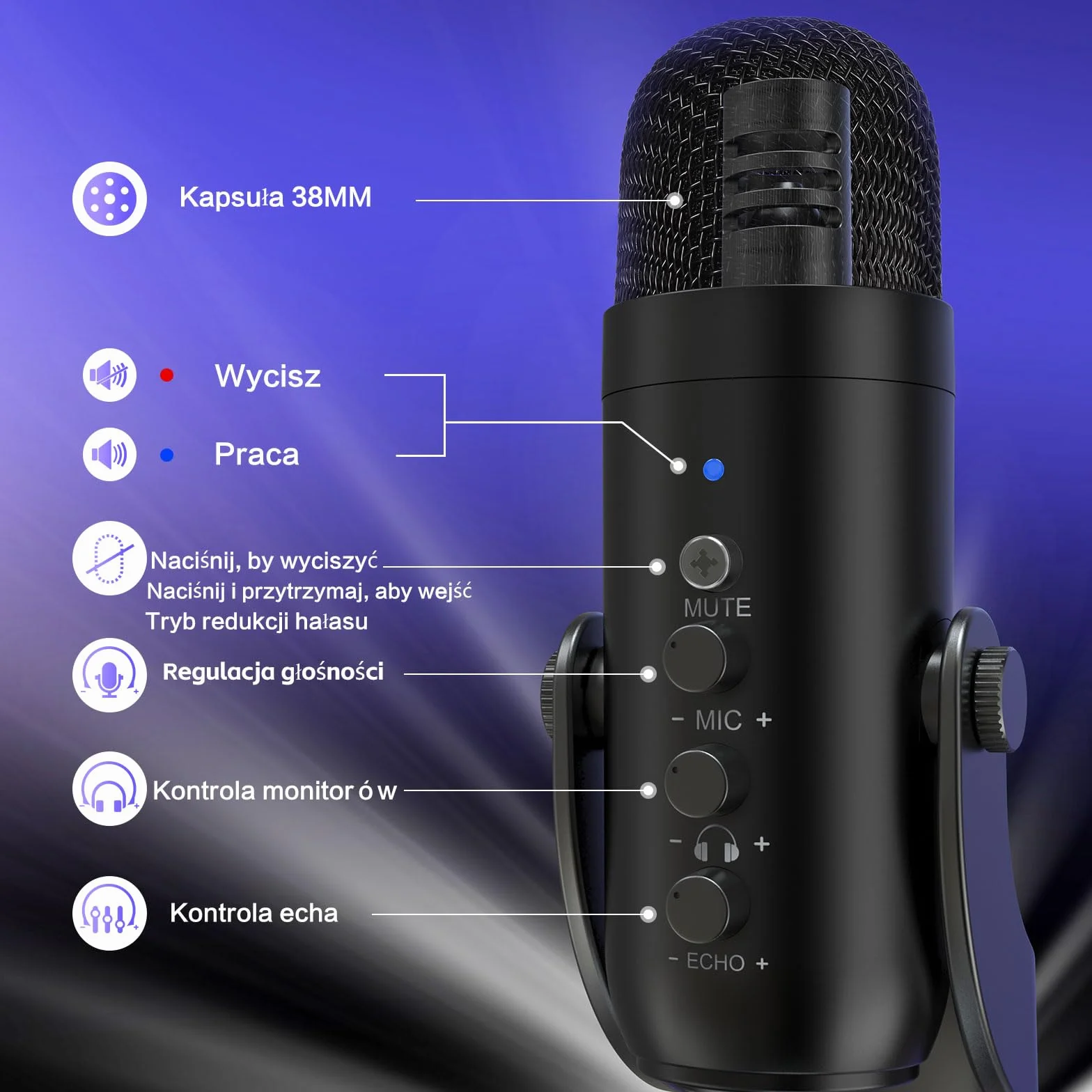 ZealSound Mikrofon USB pojemnościowy K66 do komputera PC PS5 Mac, wyciszenie i echo, regulacja głośności