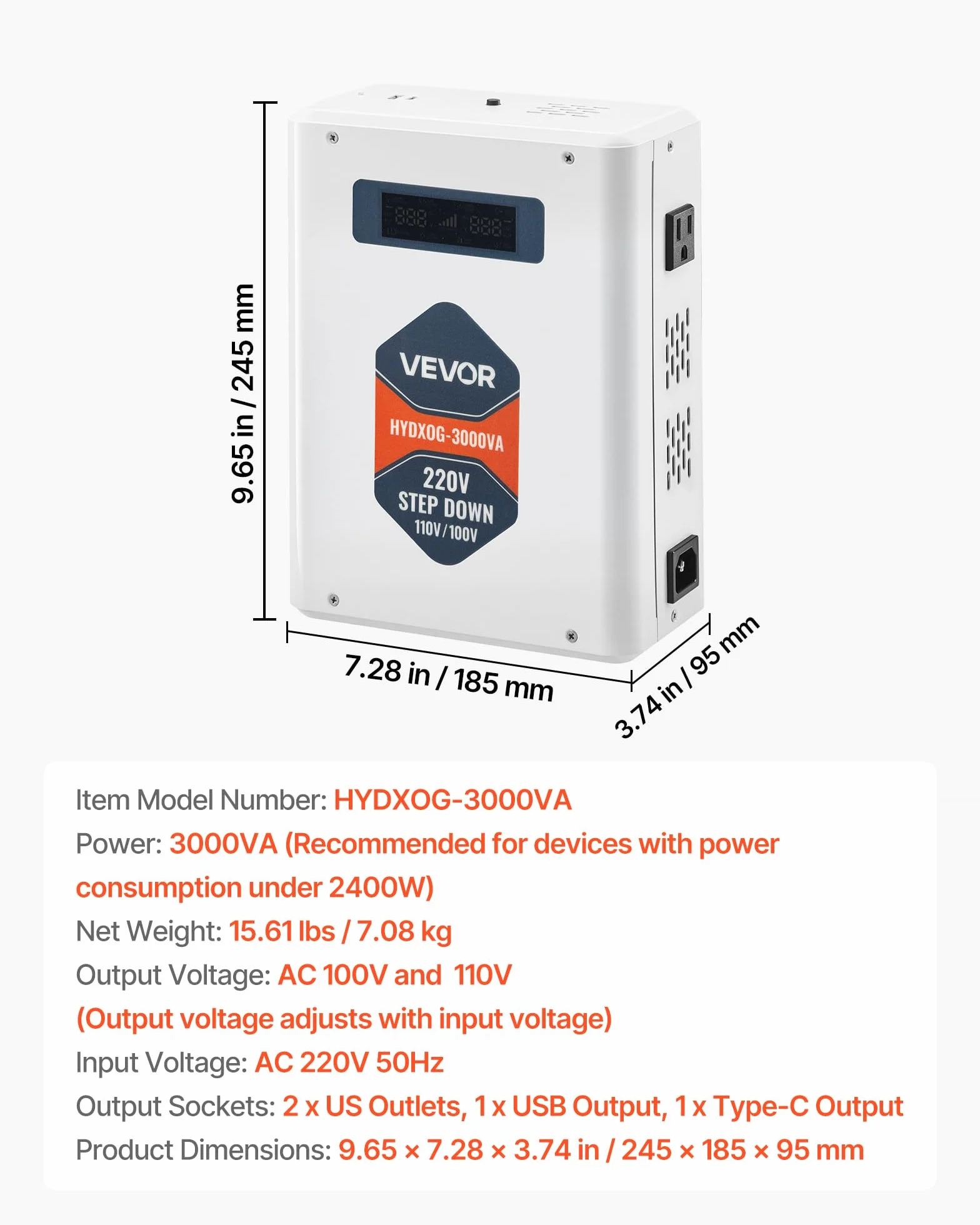 VEVOR Przetwornica napięcia Step-Down 3000 VA, Heavy Duty Transformator mocy 220 V na 110 V z 2 gniazdami USA, wyjściem USB, wyświetlaczem LCD, ochroną temperatury