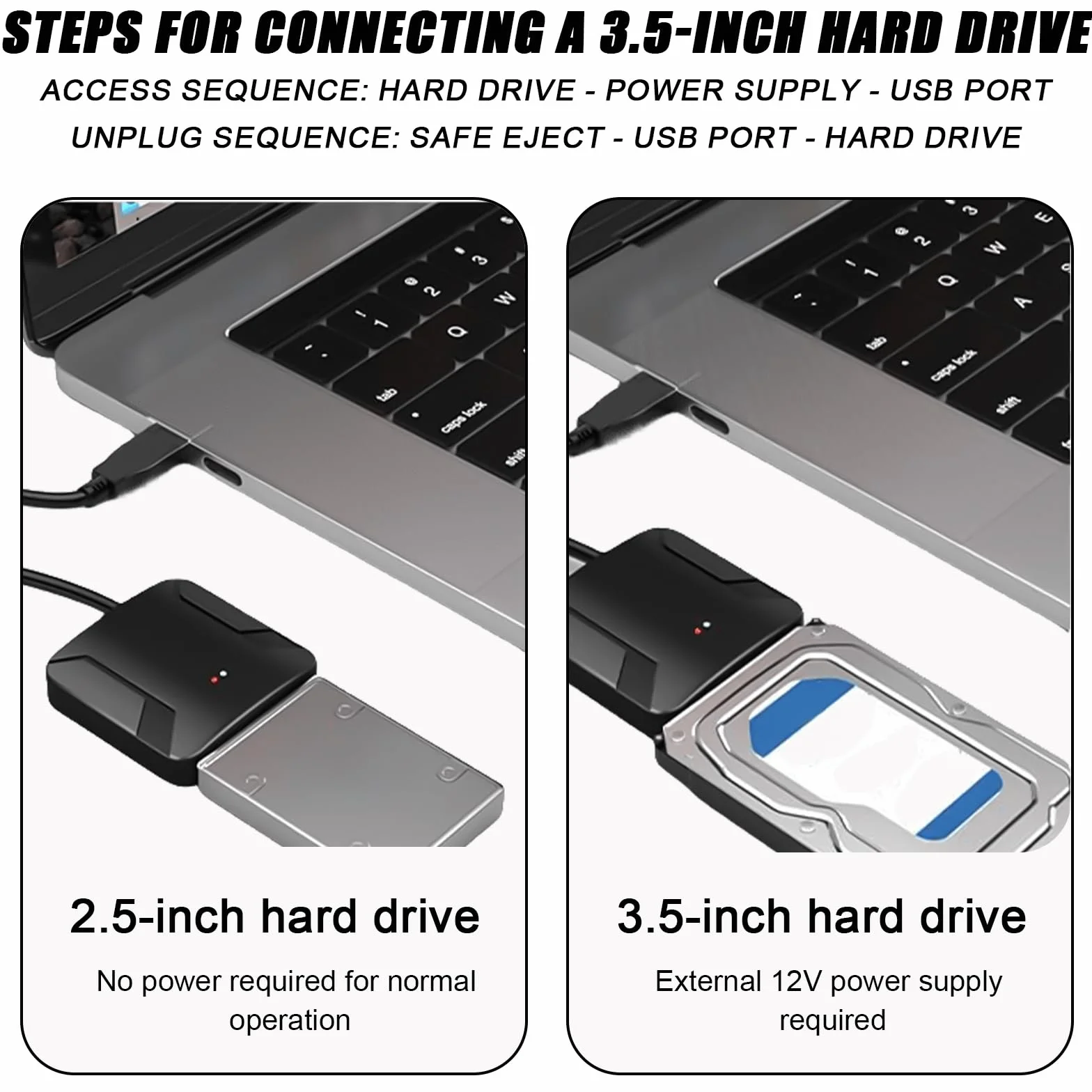 Leikurvo Adapter USB 3.0 na SATA, USB 3.0 na SATA III adapter dysku twardego z adapterem sieciowym 12 V/2 A do dysków twardych 2,5 cala / 3,5 cala HDD/SSD