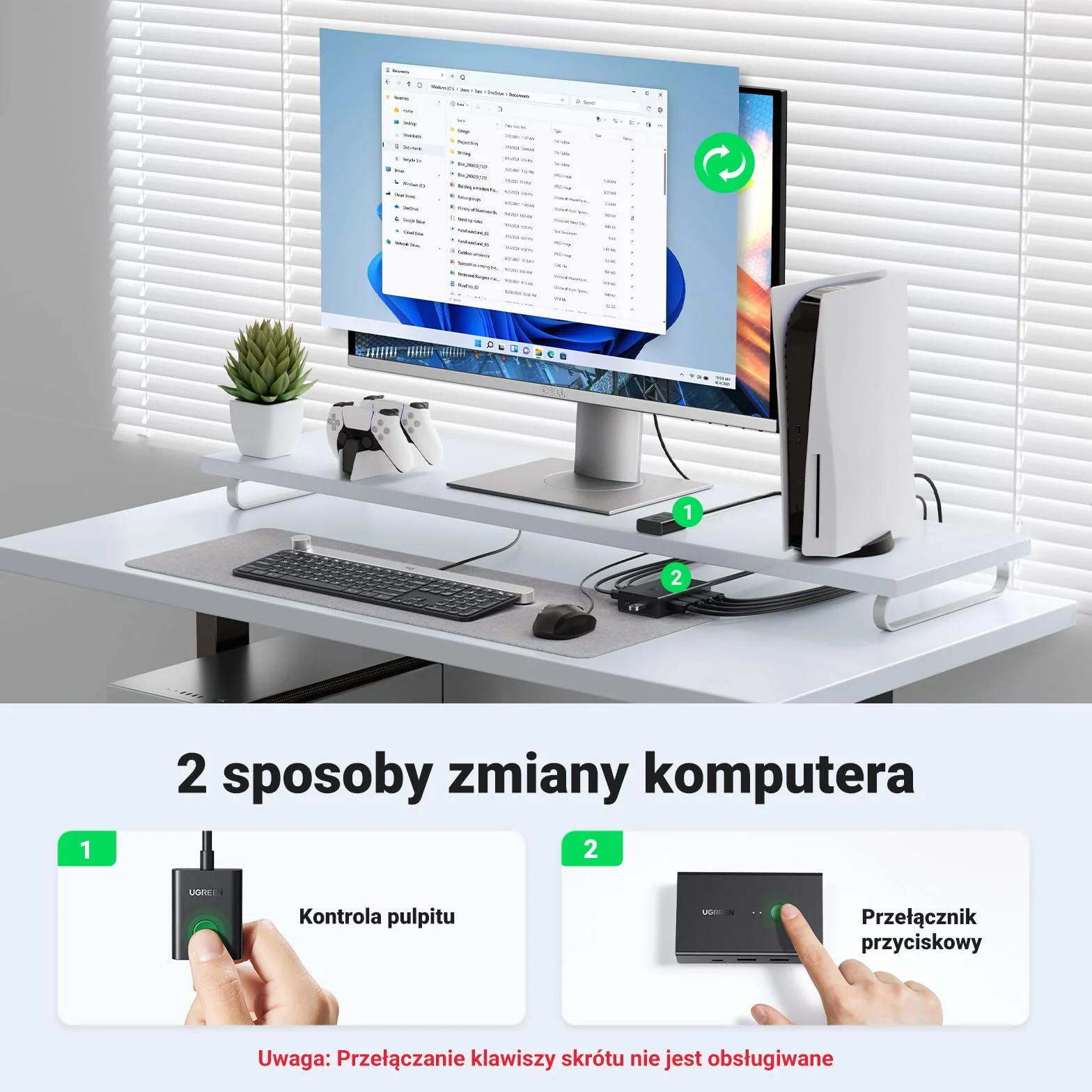 UGREEN Przełącznik KVM HDMI 4K 60 Hz 2 komputery 4 porty USB sterowanie biurkowe