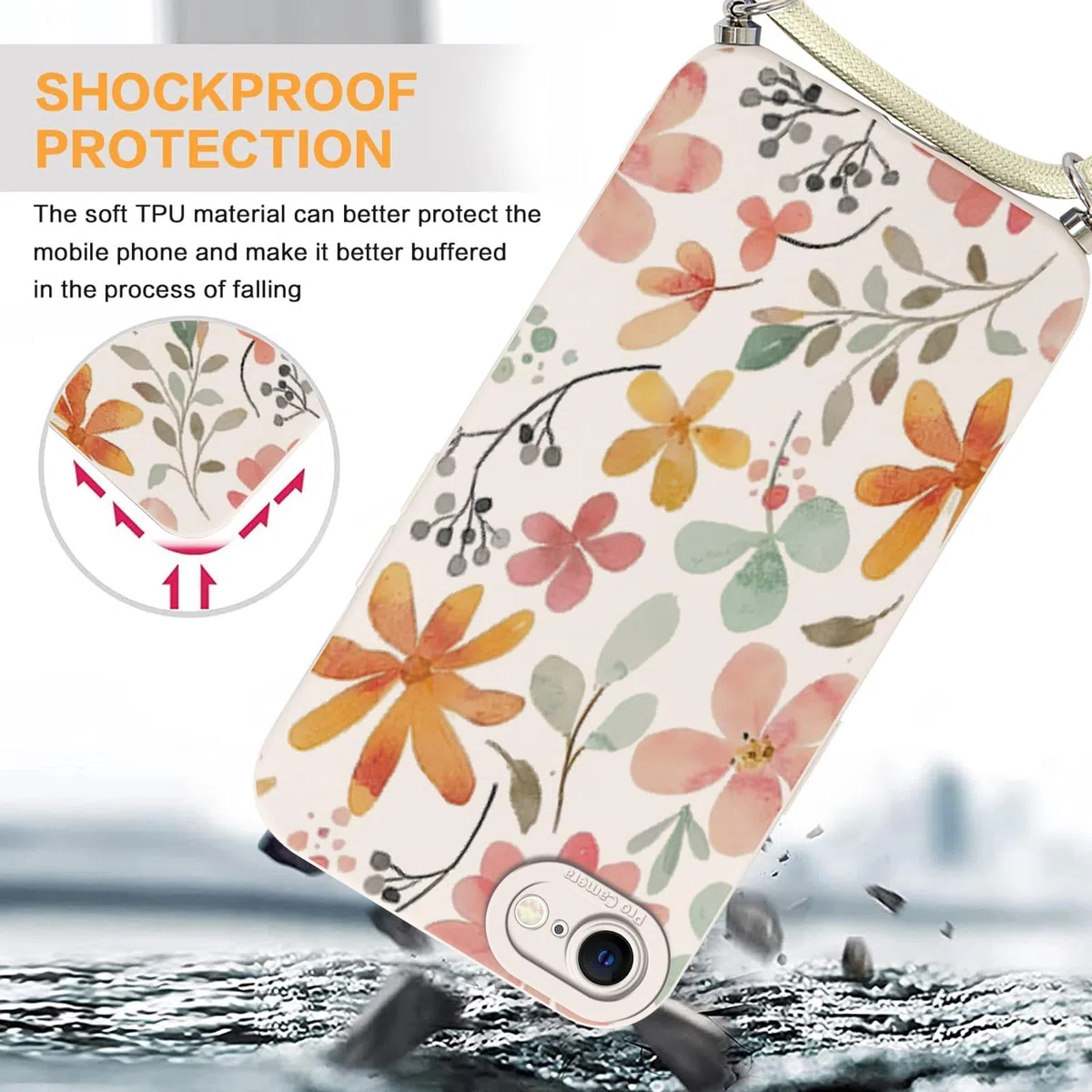 Kueqeay Etui ze smyczą do iPhone 7/8/iPhone SE 2022/SE 2020 4,7" miękki TPU wzór etui kwiat biały ze sznurkiem naszyjnik silikonowy futerał ochronny na telefon komórkowy okrągły dekolt, 01