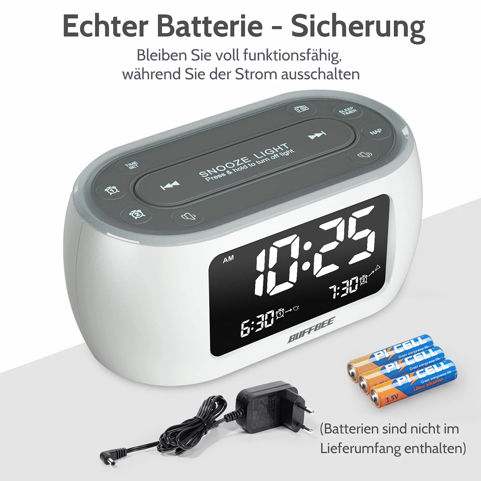 BUFFBEE Radiobudzik z 7-kolorowym światłem nocnym, podwójny alarm, funkcja drzemki, ściemniacz, ładowarka USB, nap-timer, cyfrowy budzik z radiem FM i automatycznym wyłączaniem, zasilanie sieciowe z