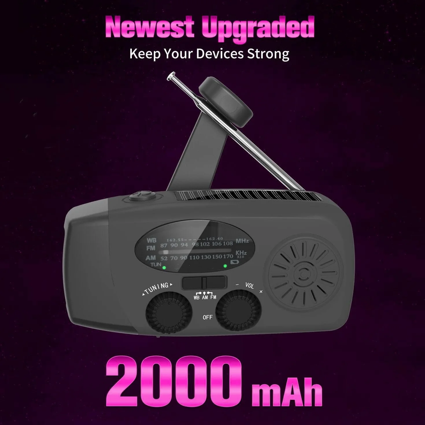 Radio awaryjne z korbą AM/FM solarne 2000 mAh powerbank latarka LED ładowarka czarny