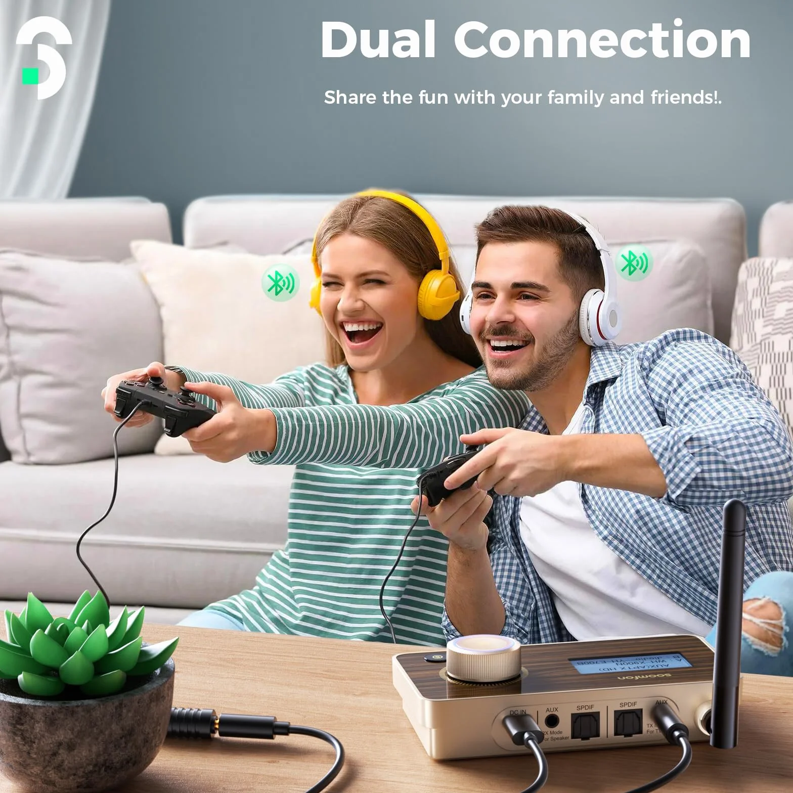SOOMFON Bluetooth 5.2 nadajnik odbiornik aptX HD podwójny link audio adapter TV do słuchawek stereo optyczny AUX RCA