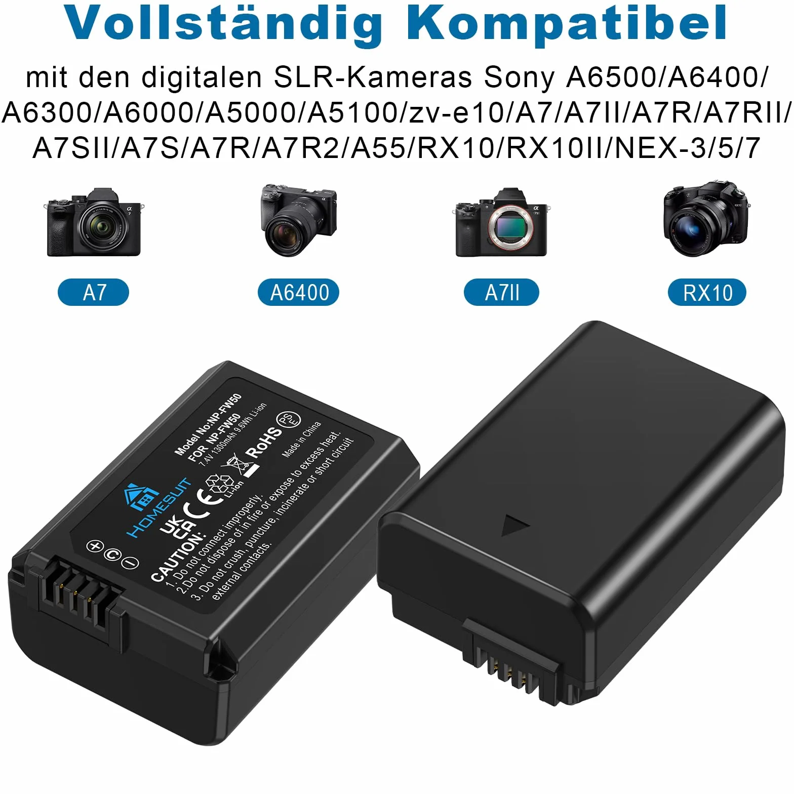 Homesuit Zestaw baterii NP-FW50 1300 mAh i USB LCD do ładowania dla Sony ZV-E10, A6000, A6500, A6300, A6400, A7II, A7RII, A7SII, A7S2, A7R, A7R2, A55, A5100, RX10 Kamera (2) - Opakowanie: