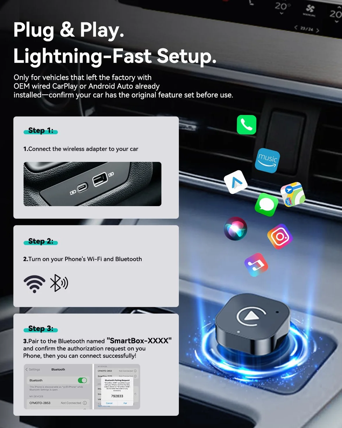 Spedal 2026 bezprzewodowy adapter CarPlay i Android Auto (złącze USB), klucz sprzętowy 2 w 1, WiFi 6 i BT 5.4, Plug & Play, stabilny i bez opóźnień, do pojazdów z systemami przewodowymi