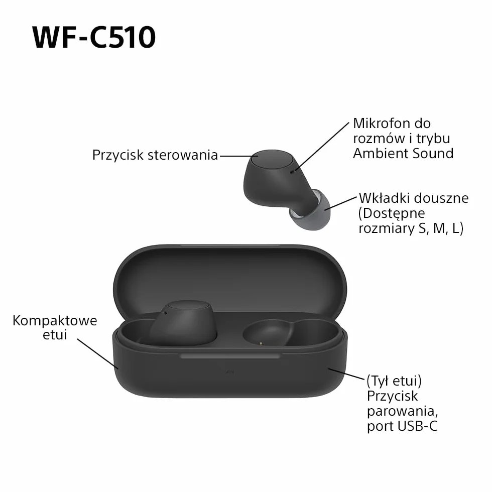 Sony TWS Słuchawki Douszne IPX4 Bluetooth Multipoint Ambient Sound Spotify Tap Szybkie Ładowanie Bateria 22 Godz Czarne