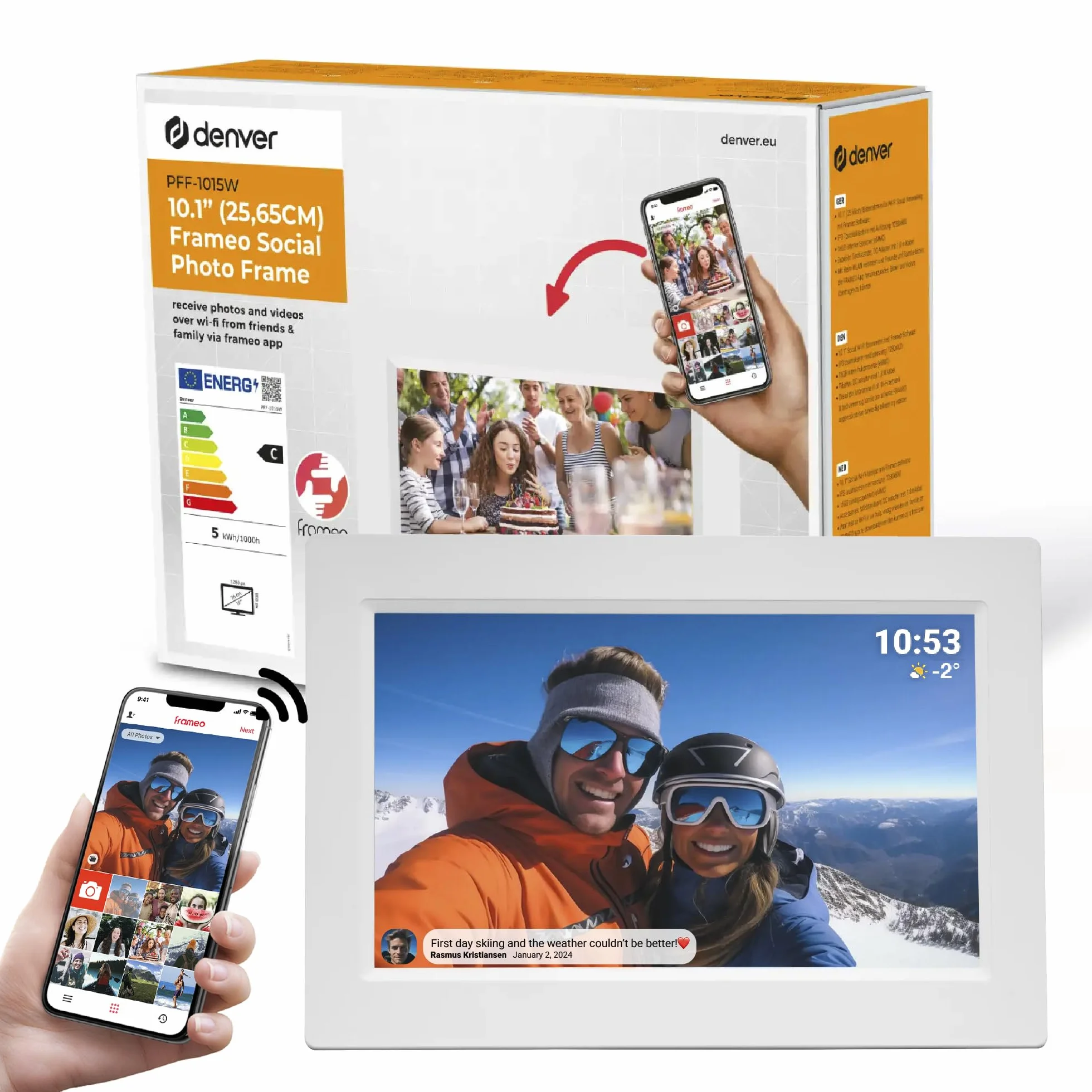 Denver Cyfrowa ramka na zdjęcia, biała, 10,1 cala z Wi-Fi – Frameo Digital Photo Frame Frame Frame z ekranem dotykowym i pamięcią 16 GB – elektryczna ramka na zdjęcia ze sterowaniem za pomocą