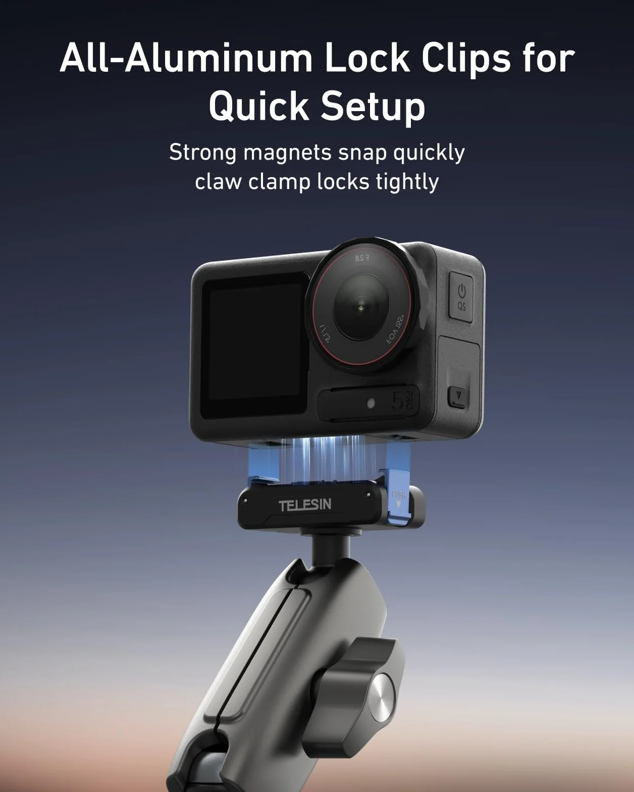 TELESIN Super uchwyt zaciskowy, uchwyt rowerowy do DJI Osmo 360/Action 6 5 Pro/Action 4/Action 3/Pocket 3, klipsy magnetyczne z podwójnym zamkiem | głowica kulowa obracana o 360°, pasuje do kierownicy