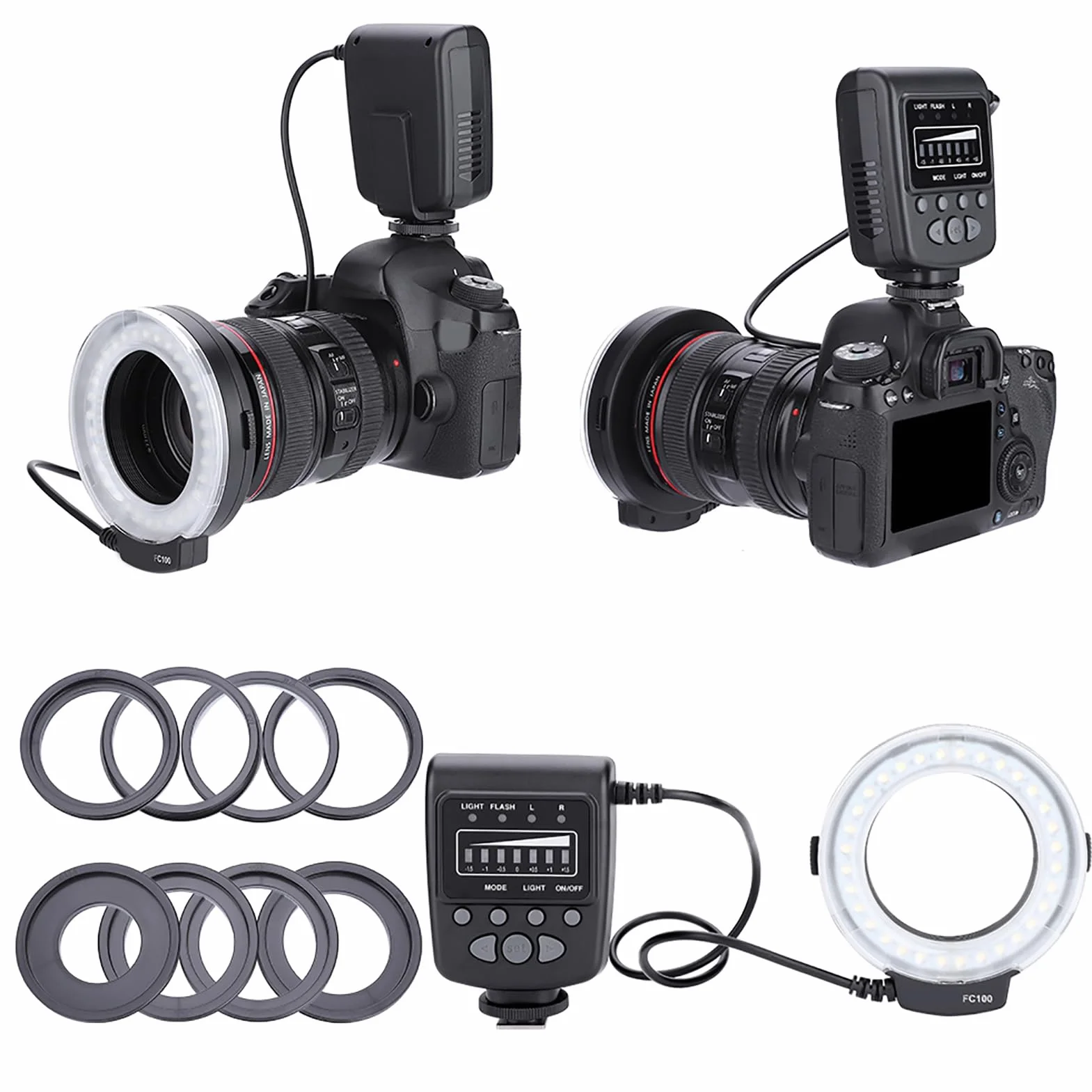 FC-100 Macro Universal LED flash ring, studyjna fotograficzna 5000K regulowana do 7 poziomów z pierścieniem adaptera 40,5 mm / 52 mm / 55 mm / 58 mm / 62 mm / 67 mm / 72 mm