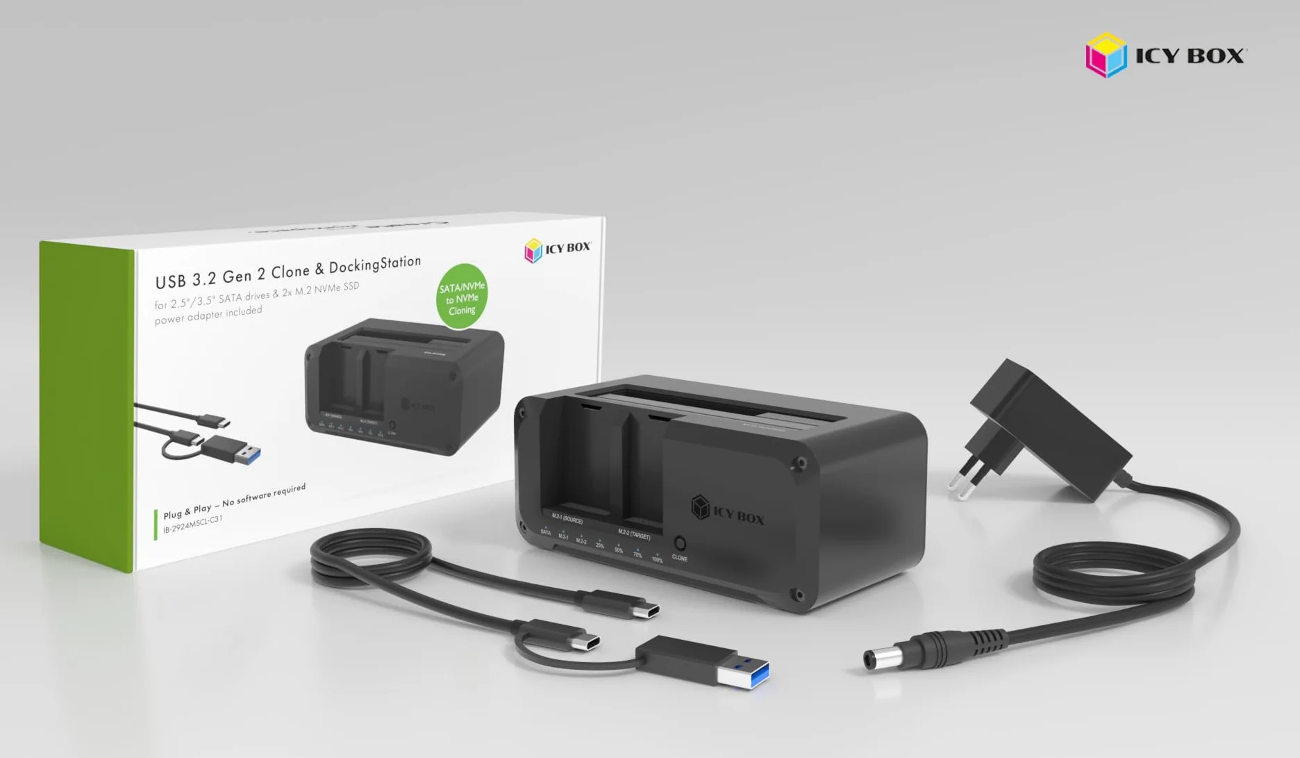 ICY BOX Stacja dokująca do dysków M.2 NVMe i SATA, dwukierunkowe klonowanie, USB 3.2 10 Gb/s