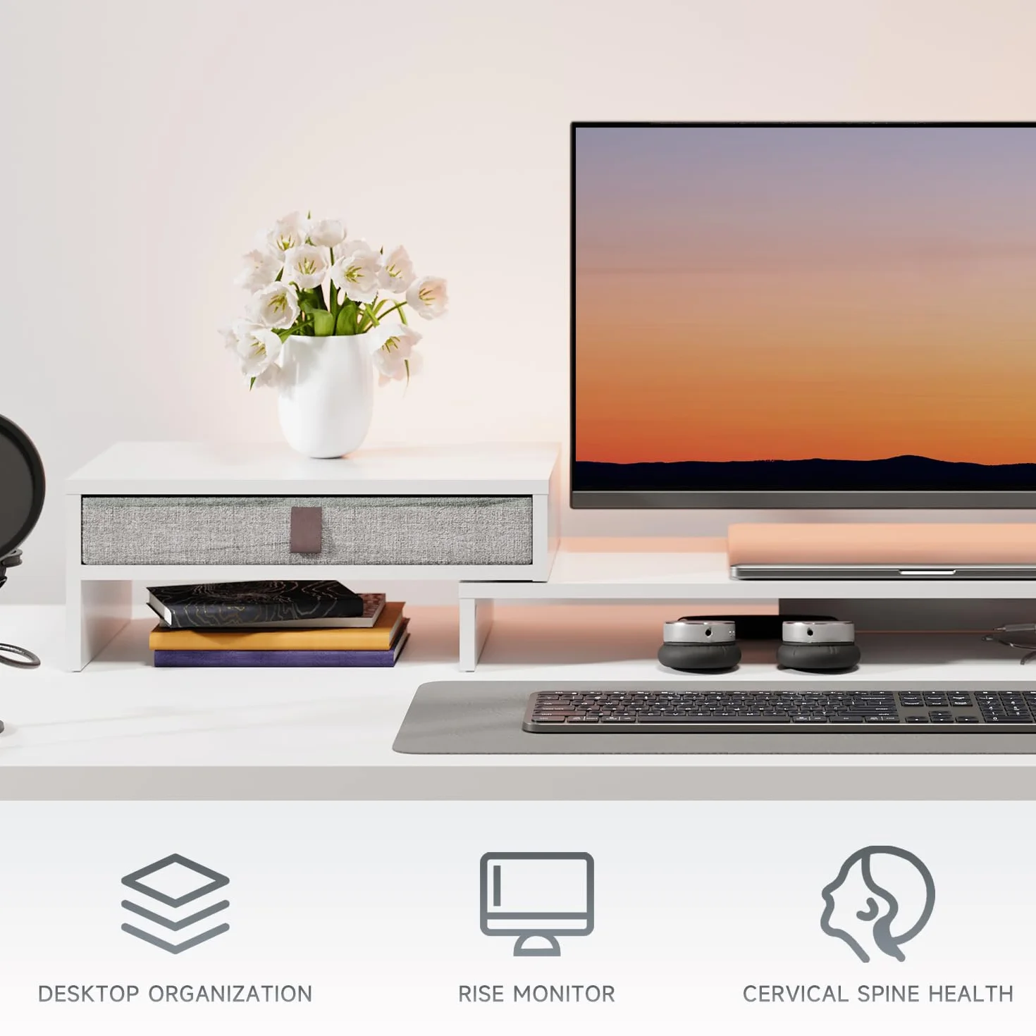 Fenge Podstawka pod dwa monitory z szufladą dla komputera PC, laptopa, drukarki, podnośnik do monitora, regulowana długość i kąt, 78,3-113x23,5x7,3 cm, biały