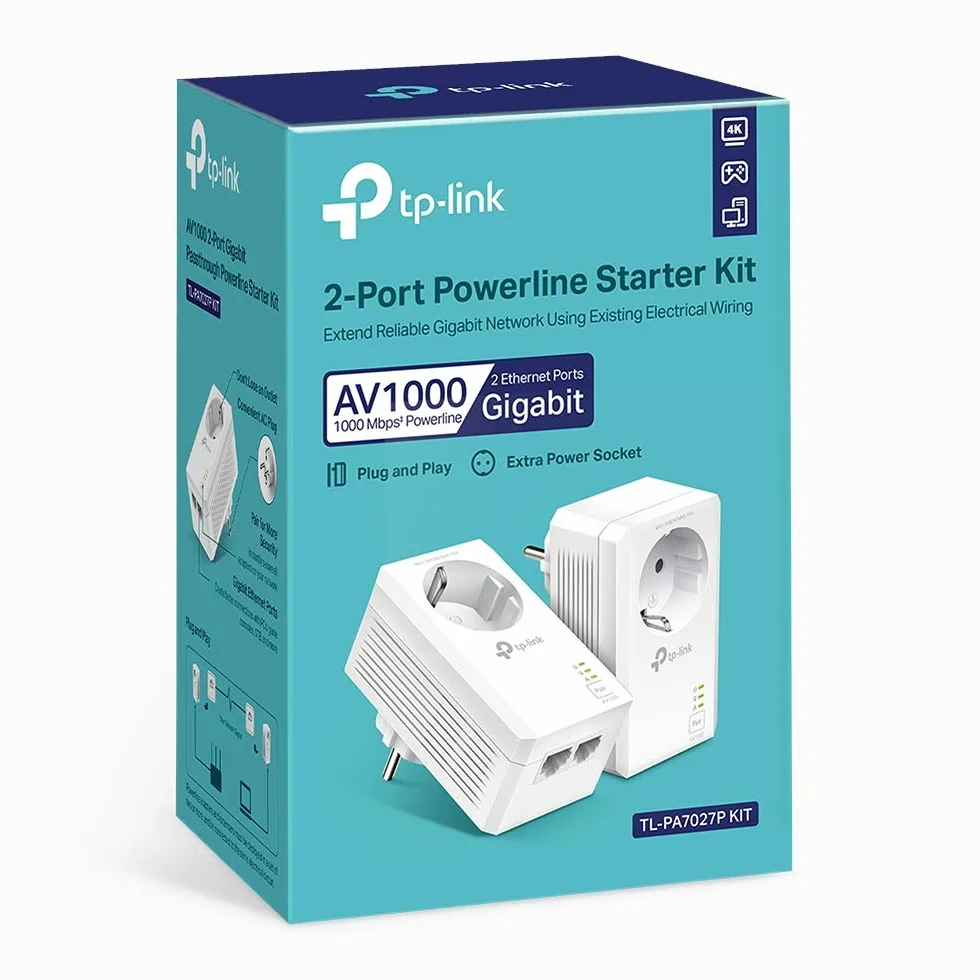 TP-Link TL-PA7027P KIT Zestaw Powerline AV1000 z wbudowanym gniazdkiem 1× port Gigabit