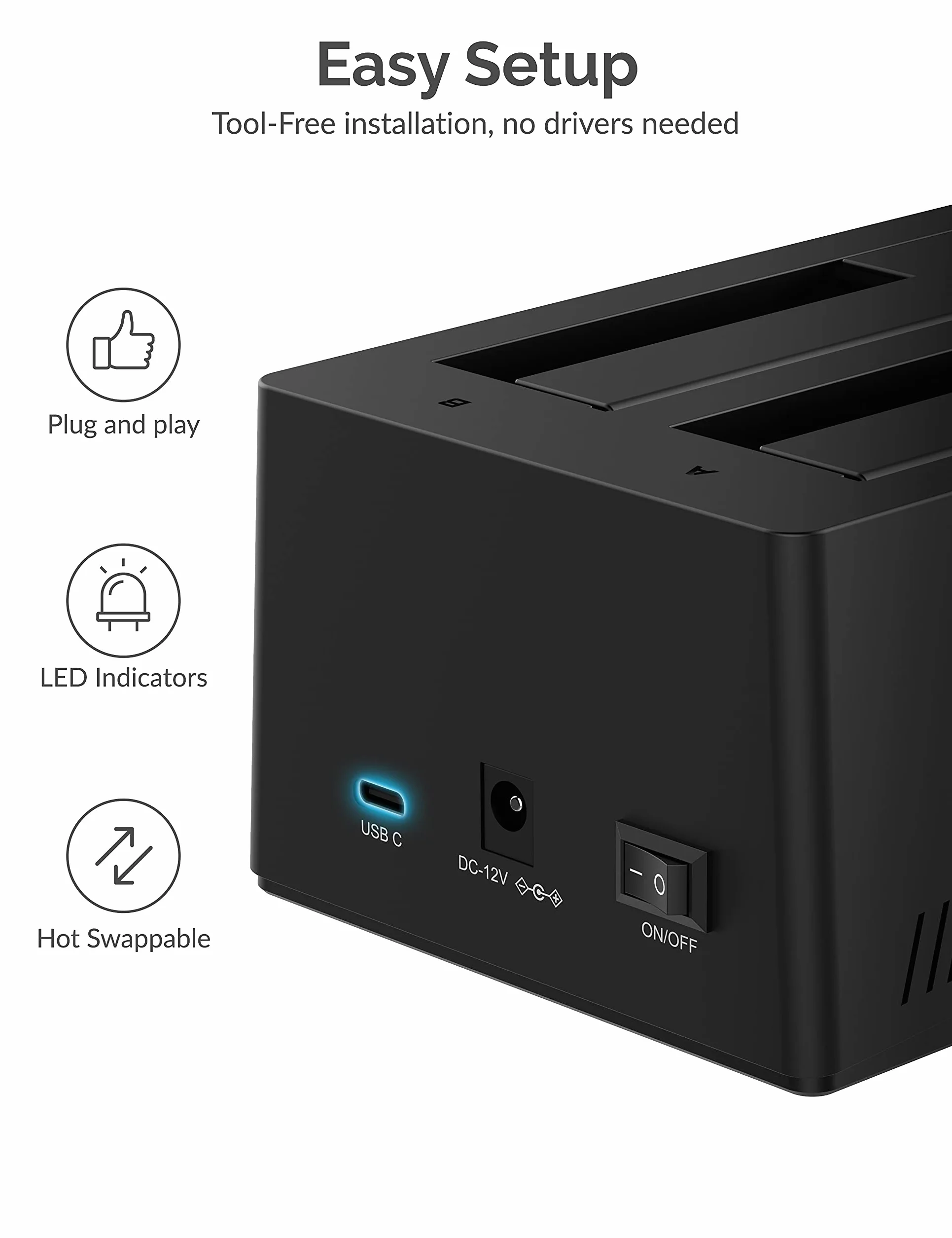 SABRENT Stacja dokująca do dysku twardego USB C SATA 2,5"/3,5", 2 kieszenie na dysk SSD/HDD na USB 3.2, zewnętrzna obudowa na dysk twardy, klonowanie offlinowe, UASP, kabel USB w zestawie, z
