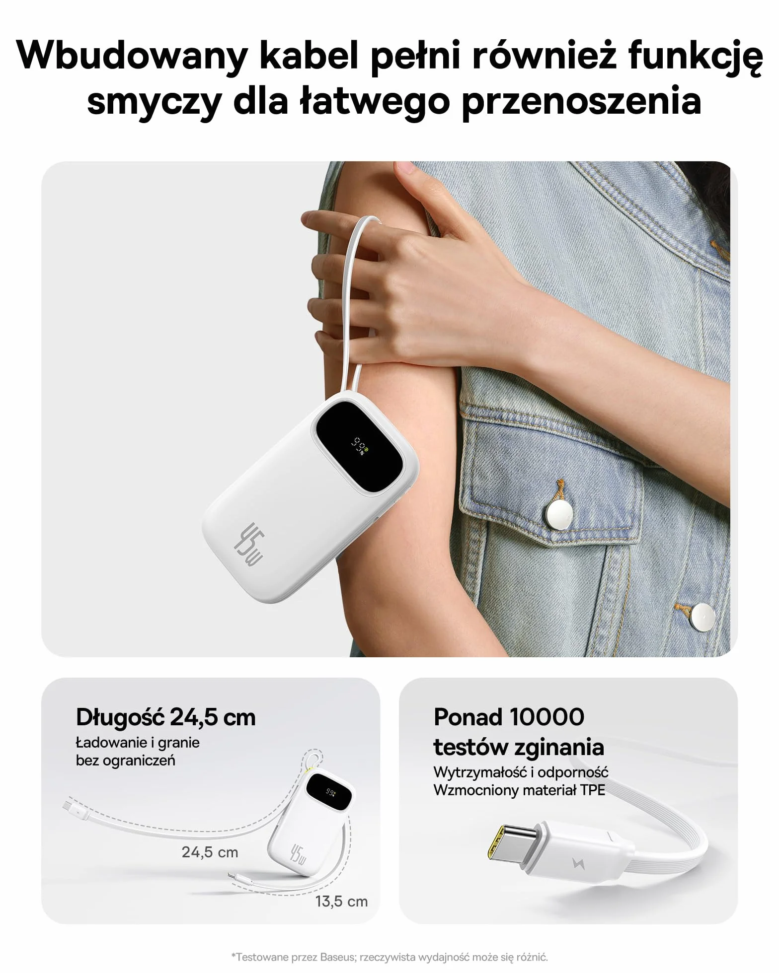 Baseus QPow3 Powerbank 45W 20000mAh z 2 wbudowanymi kablami USB-C PD3.0 QC4.0 Biały