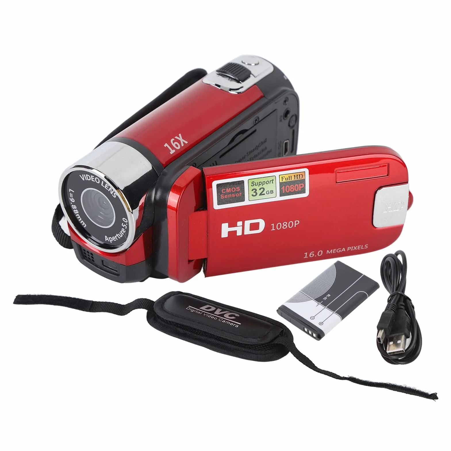 Ręczna kamera wideo DV 1080P 16 MP 16-krotny zoom cyfrowy obrotowy ekran TFT 6.9 cm czerwona