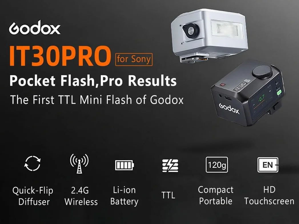 Godox iT30Pro S TTL Mini lampa błyskowa, iT30 Pro S bezprzewodowa lampa błyskowa 2.4G HSS 1/8000 s TTL, z ekranem dotykowym i USB-C, kompatybilna z Sony a6000, A9, A7R, A7RII, A7RM3, A7RIII itp.