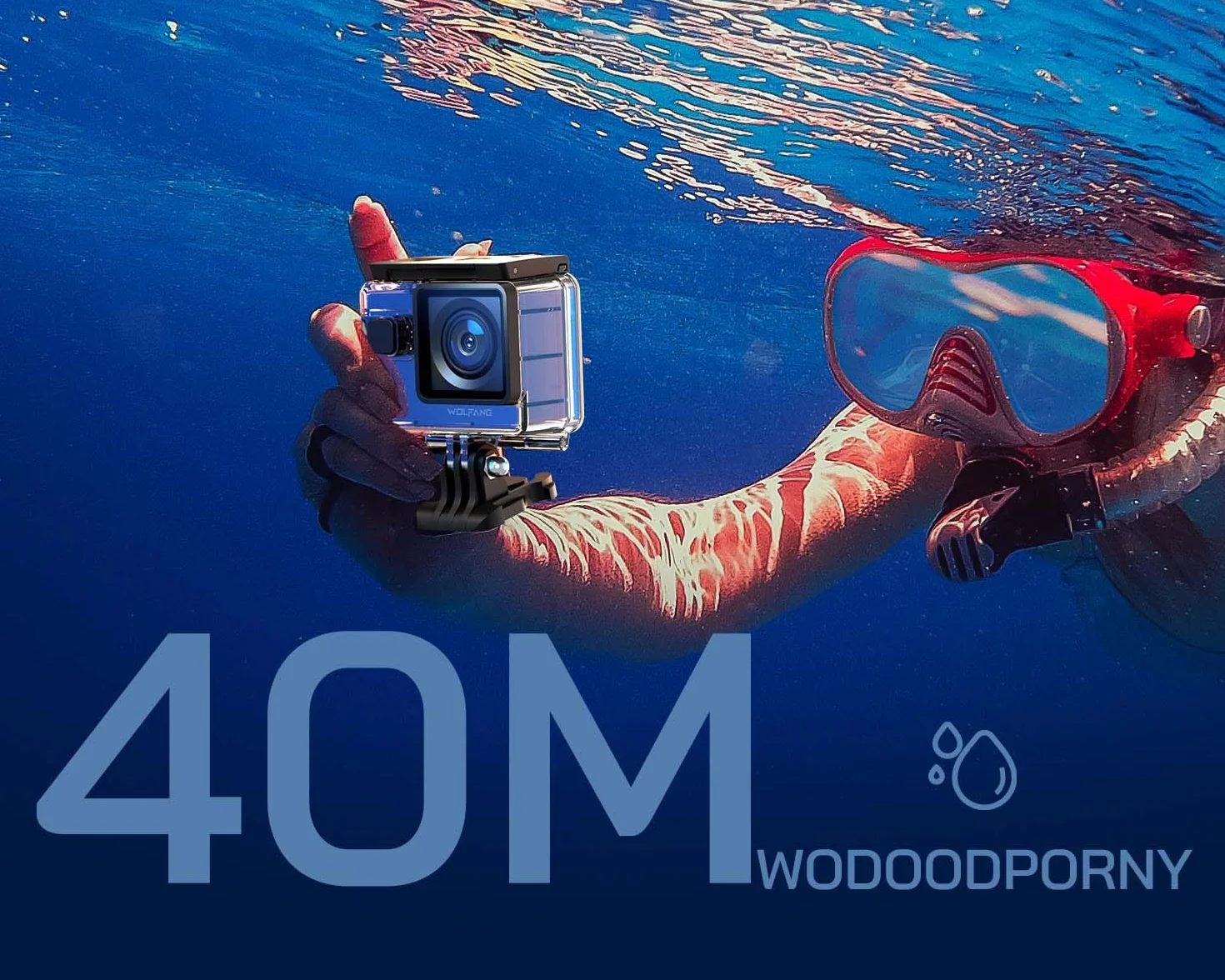 WOLFANG GA300 Kamera Sportowa 4K, Wodoodporna 40m z Kartą 32GB, WiFi 60FPS 24MP, Zoom 8x + Szeroki Kąt 170° EIS, Pilot 2.4G, Ekran Dotykowy, 2x Bateria 1350mAh