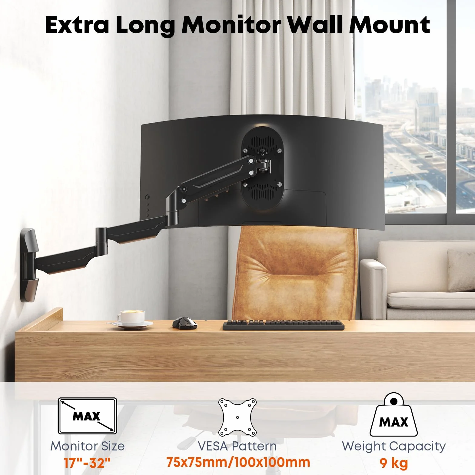 Uchwyt ścienny do monitora 17-32'' - bardzo długie pojedyncze ramię monitora montowane na ścianie, w pełni regulowany uchwyt ścienny Vesa, VESA 75x75/100x100, nośność do 9 kg, czarny