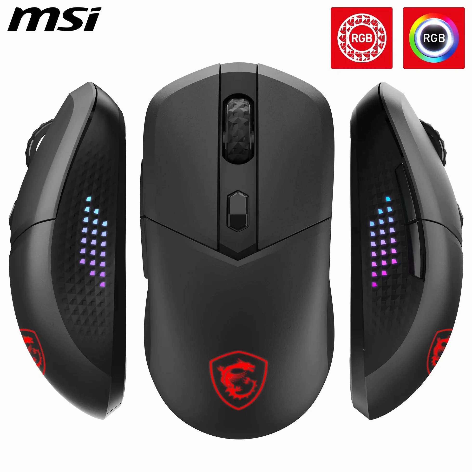 MSI Versa 300 Elite Wireless Gaming Mouse — 26,000 dpi photosensor, 1000 Hz polling rate, balanced, 60 million click OMRON switch, 200-hour battery, 1 ms latency, RGB, 65 g — wired/wireless