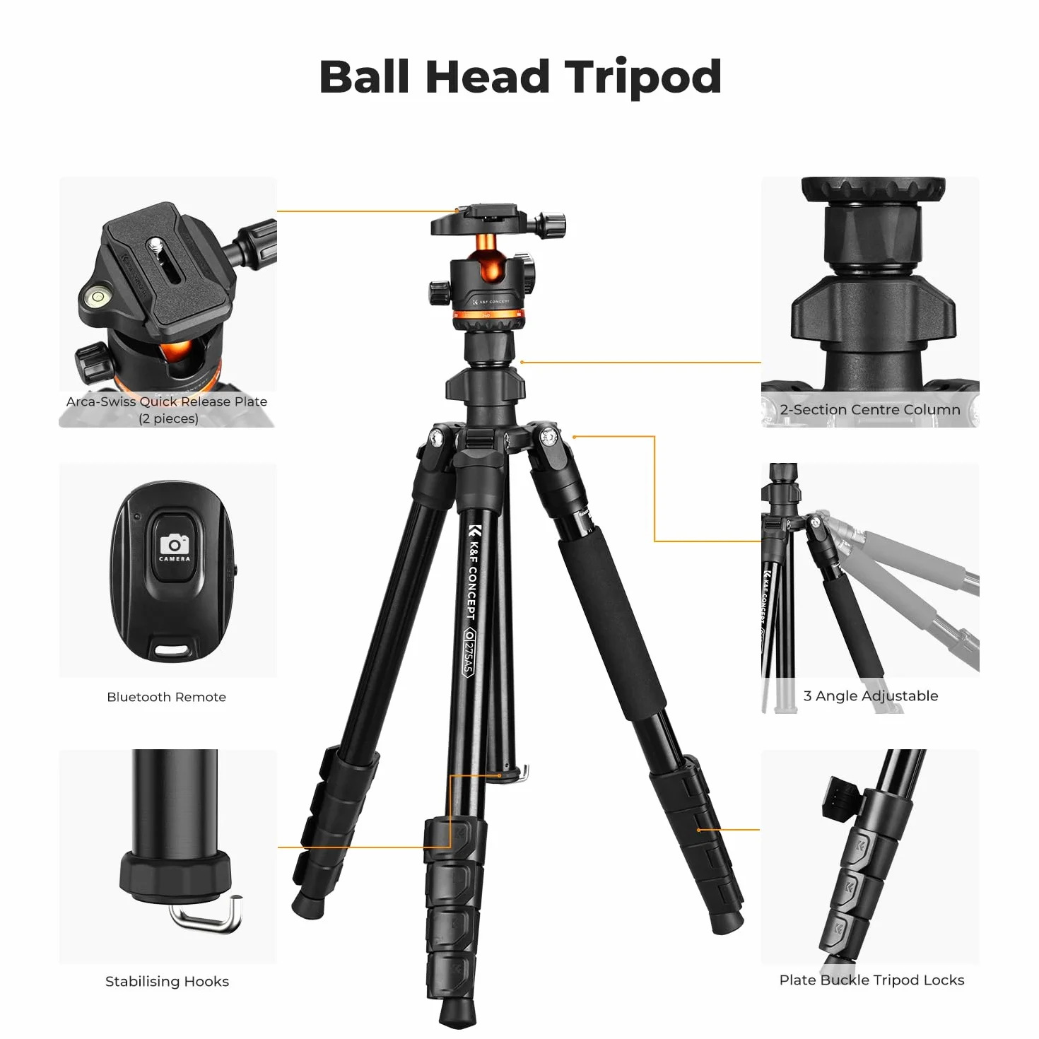 K&F Concept Statyw do aparatu, 192 cm, statyw do smartfona, statywu, aparatu Tripod O275A5 + BH-36, statyw do telefonu komórkowego z uchwytem na telefon komórkowy, tablet i pilot zdalnego sterowania,