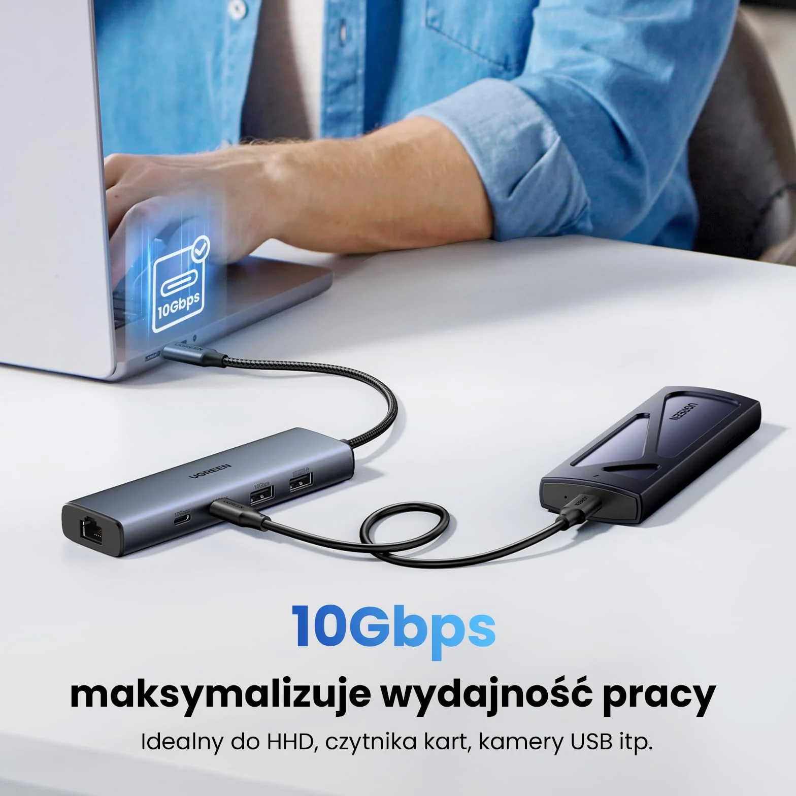 UGREEN Hub Ethernet USB C, adapter Ethernet 10 Gb/s USB 3.2 z 2 portami USB-C, 2 x port USB-A i 1 x adapter sieciowy RJ45 Gigabit LAN do Thunderbolt 3/laptopa/iPhone'a/iPada/tabletu/switcha/Steam Deck