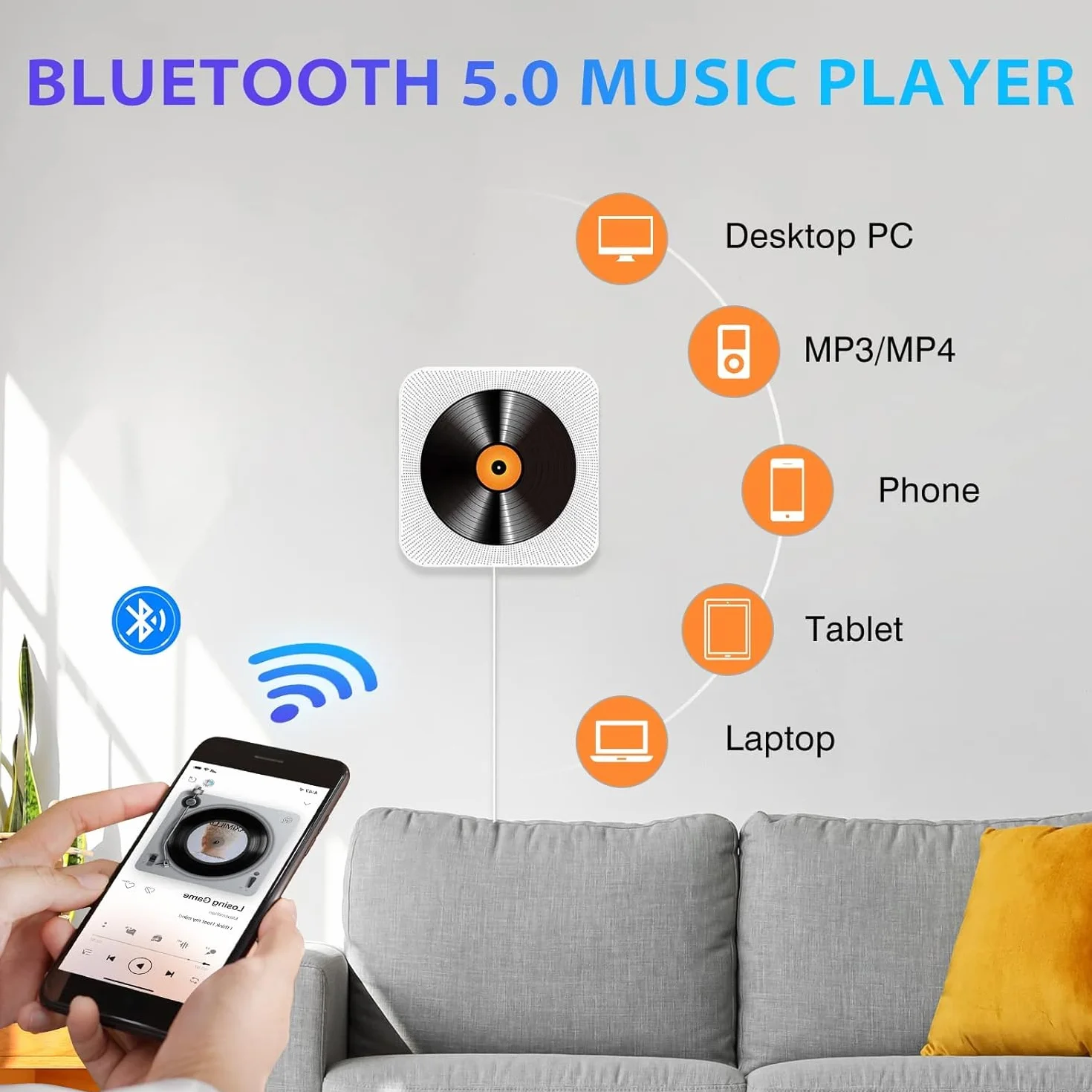 Przenośny odtwarzacz CD ze stojakiem na biurko, odtwarzacz CD Bluetooth, odtwarzacz muzyki w domu, obsługuje FM, port USB, wejście AUX, wyjście z regulowanym stelażem kątowym