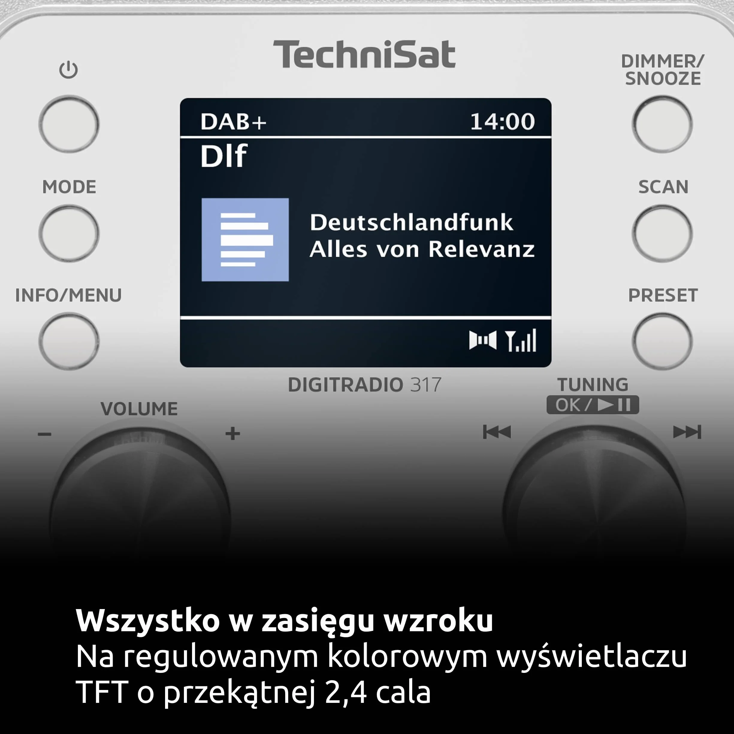 TechniSat DIGITRADIO 317 – pionowe radio DAB+ FM z funkcją strumieniowego przesyłania dźwięku przez Bluetooth, radiobudzik, wyłącznik czasowy, kolorowy wyświetlacz 2,4 cala, 3 W, białe