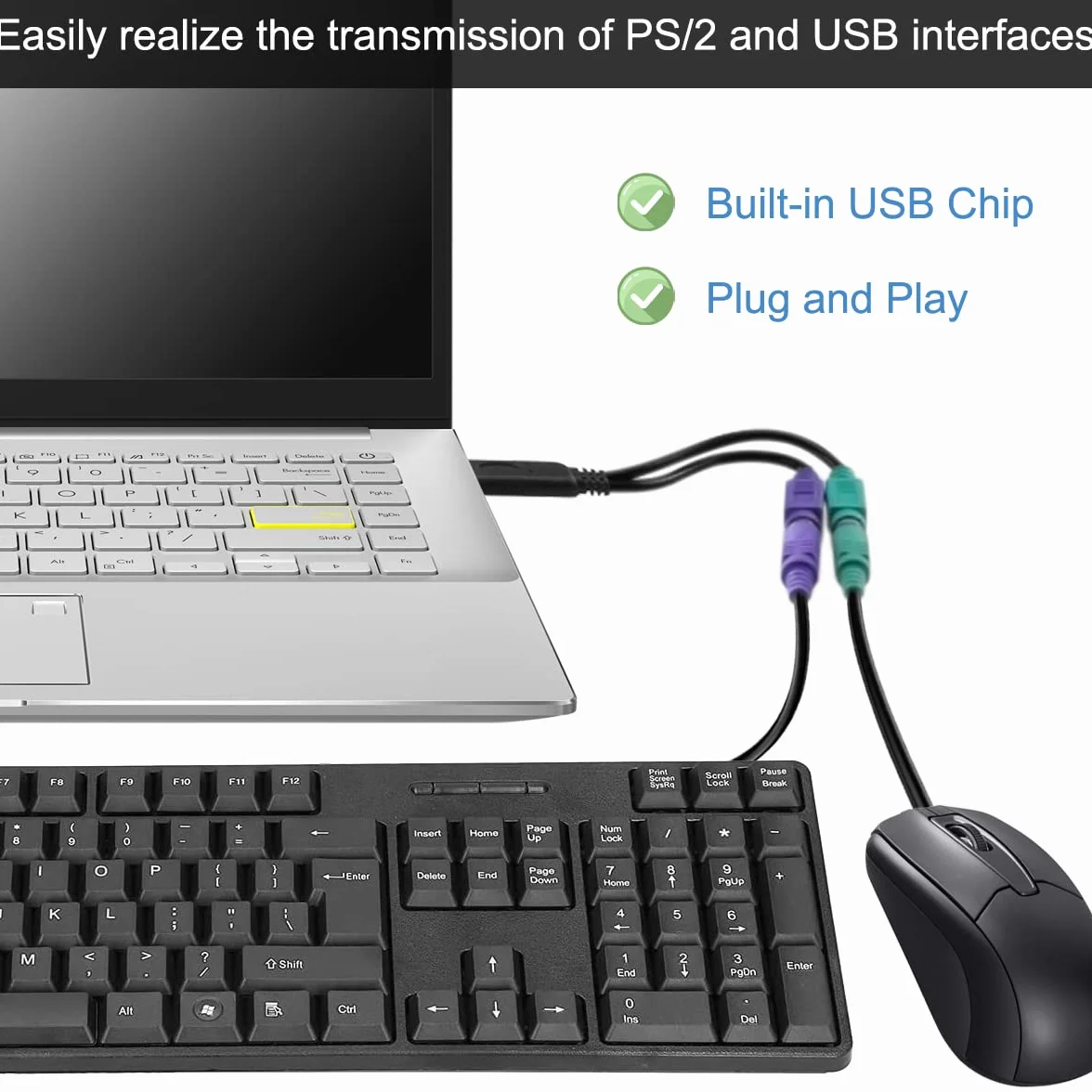 PS2 na USB adapter do klawiatury, kabel PS/2 żeński na USB A męski wtyk z chipem, 2 szt. 2 w 1 PS2 na kabel konwertera USB 2.0