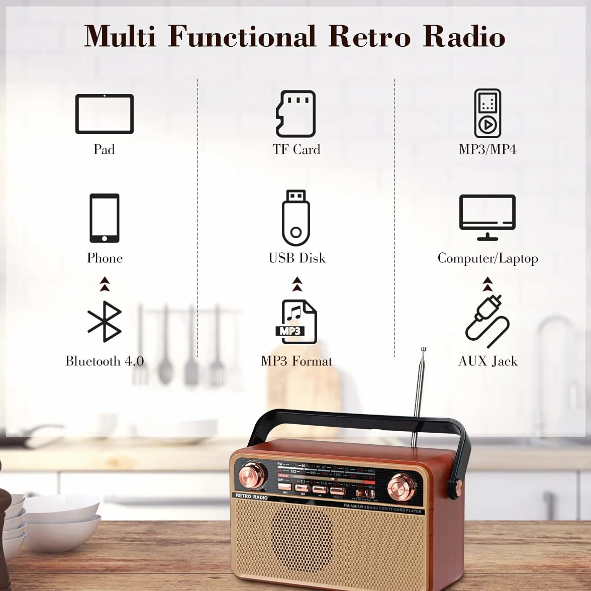 Radio retro AM/SW/FM przenośne Bluetooth USB TF AUX wbudowany głośnik brązowy