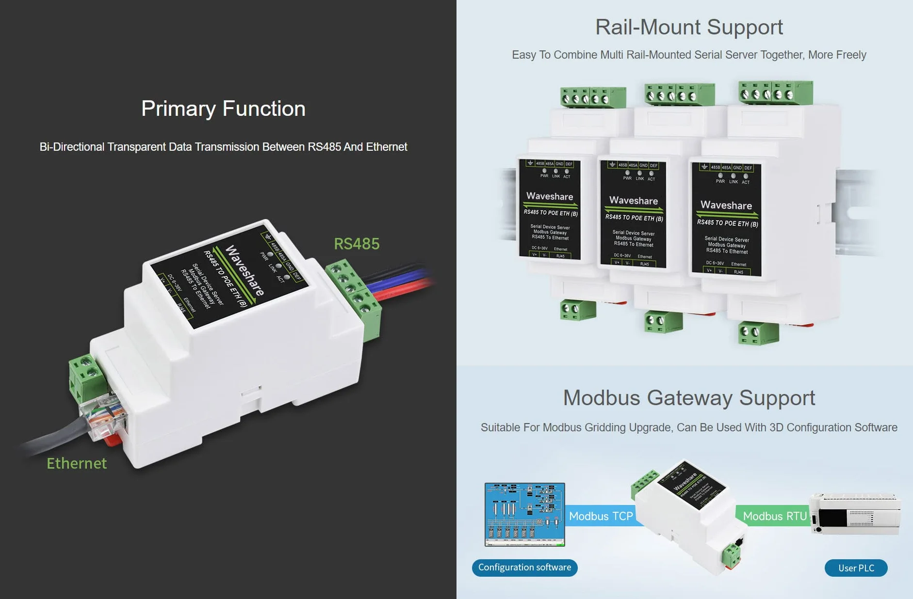 Waveshare Industrial Serial Server RS485 To RJ45 Ethernet TCP/IP To Serial Rail-Mount Support with PoE Ethernet Port + Electrical Isolation