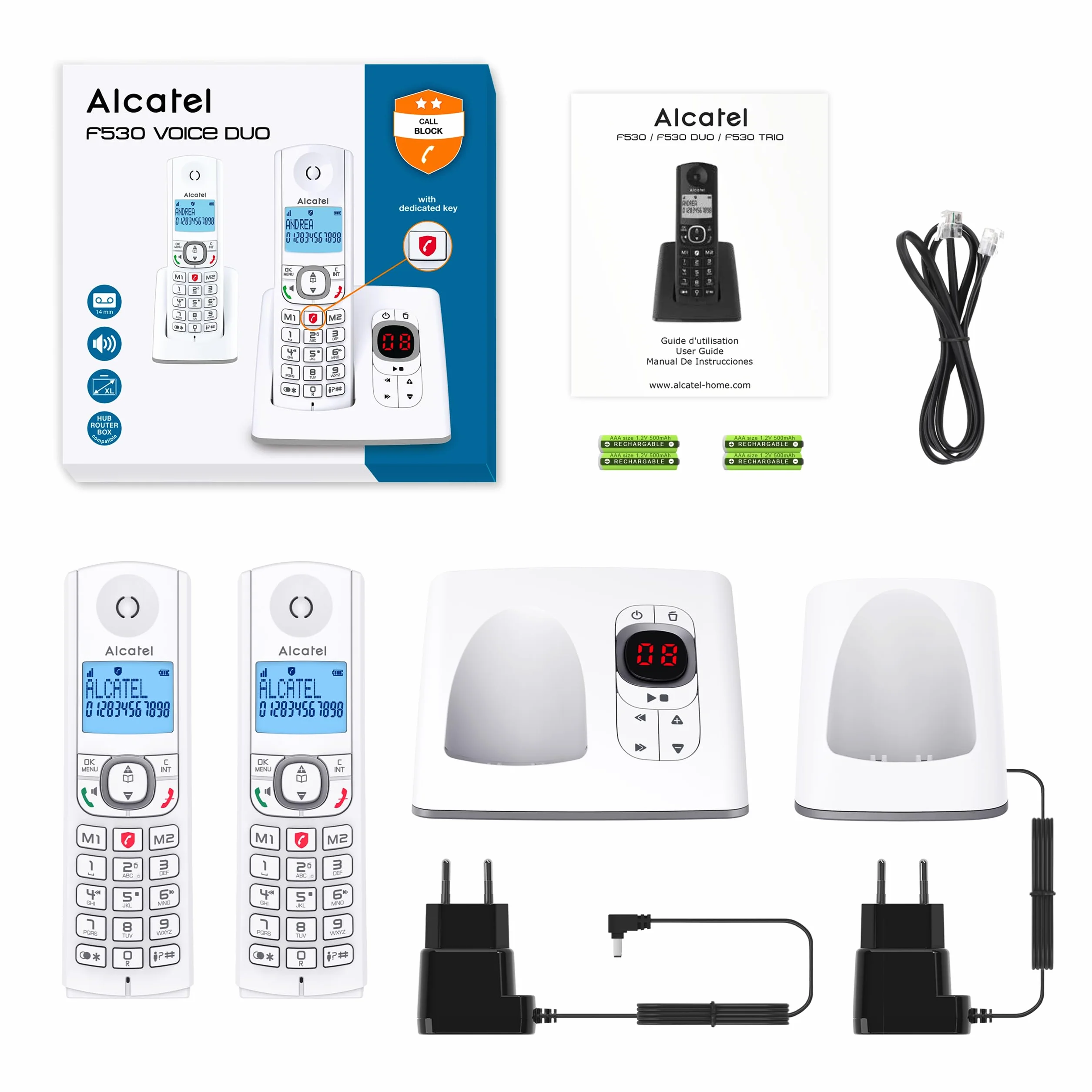 Alcatel F530 Voice Duo telefon bezprzewodowy z sekretarką 2 słuchawki blokowanie połączeń głośnomówiący biały/szary