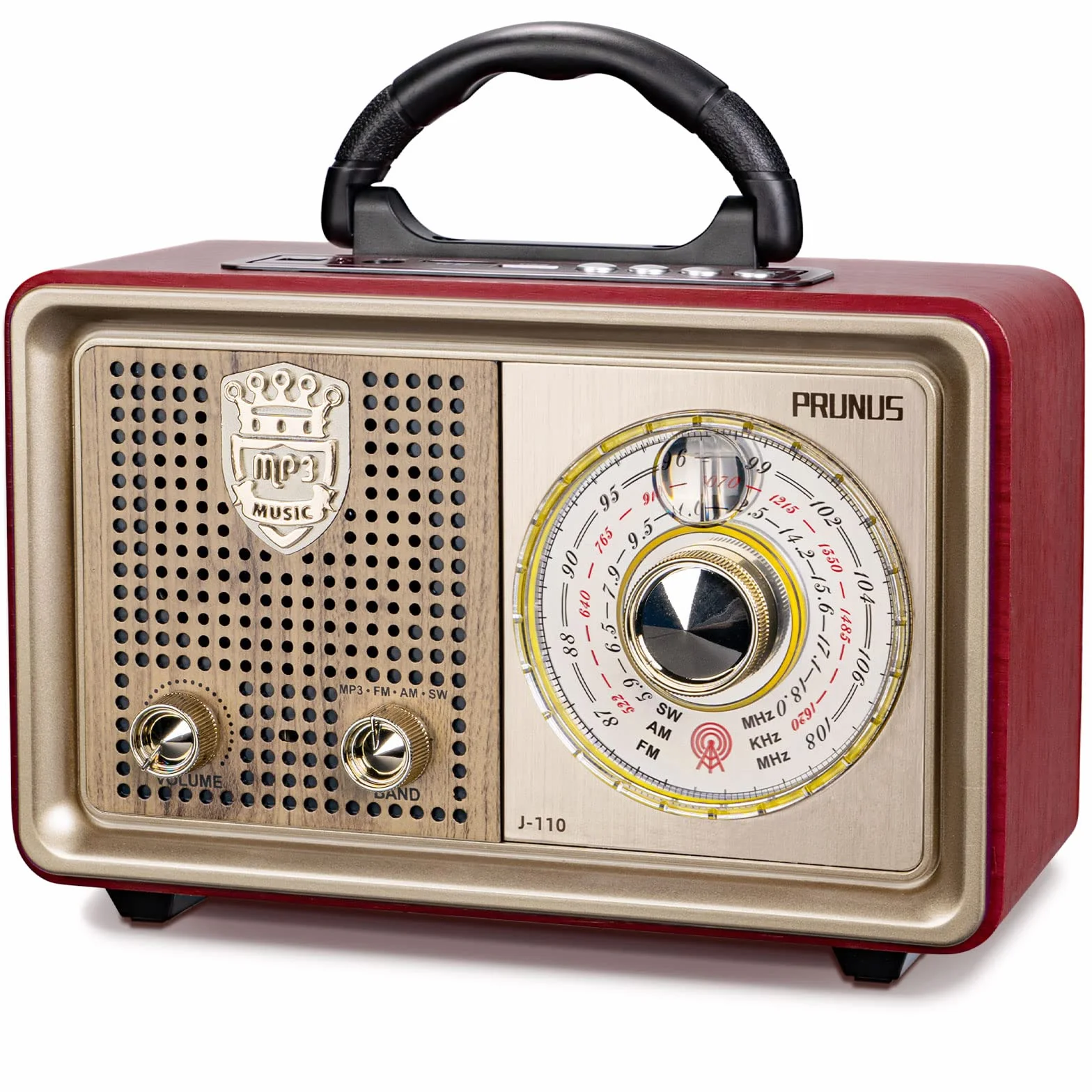 Radio PRUNUS J-110 AM/FM/SW w stylu retro z Bluetooth, nostalgiczne radio z 3 opcjami zasilania, obudowa imitująca drewno, głośnik 5 W z wzmocnionym basem, obsługa USB/TF/AUX.