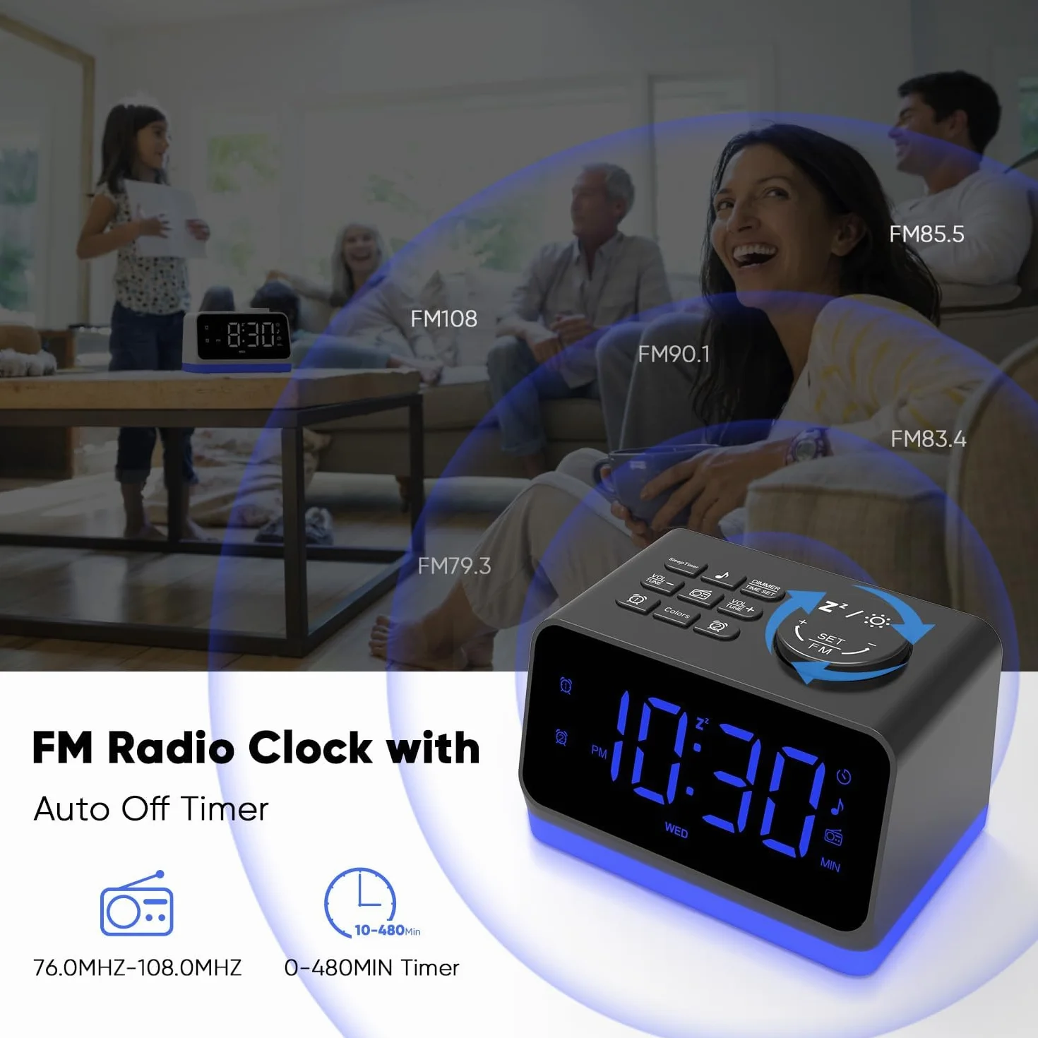 AFEXOA Cyfrowy budzik radiowy z 2 stacjami ładowania dla telefonów, z światłem, podwójnym alarmem, 8 białymi dźwiękami, zegar stołowy z radiem UKF, wyświetlacz LED o jasności regulowanej od 0–100%