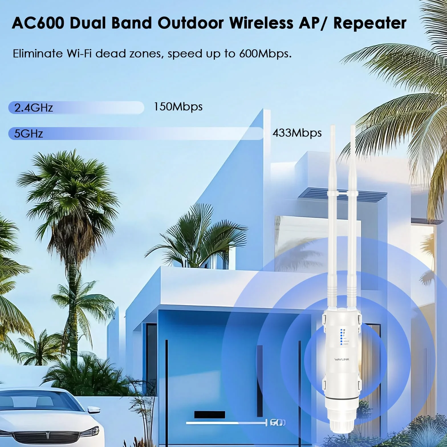 WAVLINK AC600 Dual Band Zewnętrzny Repeater WiFi, Bezprzewodowy punkt dostępu,Wzmacniacz/Ap Mode/Router/WISP, 2.4GHz 150Mbps + 5GHz 433Mbps, Pasywny model PoE, 100m+,Biały
