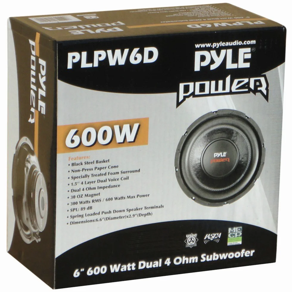 1 subwoofer PYLE PLPW6D 16,5 cm 6,5" 300 wat rms 600 wat max podwójna podwójna cewka 4 + 4 ohm dvc do pokrywy bagażnika samochodu, 1 sztuka