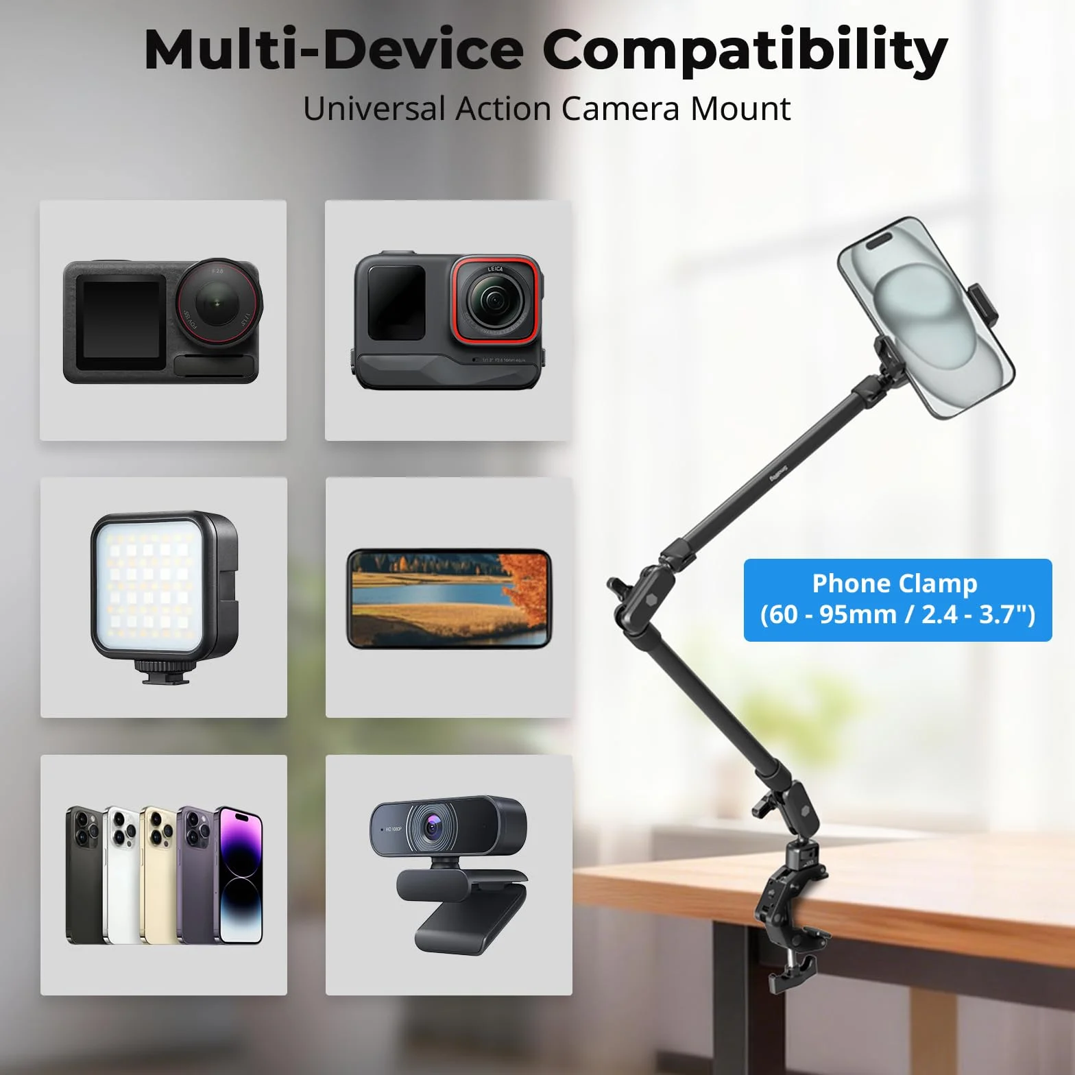 SMALLRIG Ramię Magic Arm 22,4" z zaciskiem Super Clamp, uchwyt na telefon nad głową, elastyczny uchwyt na biurko ze śrubą 1/4" i zaciskiem kablowym, maks. obciążenie 2,2 funta, do iPhone'a - 5625