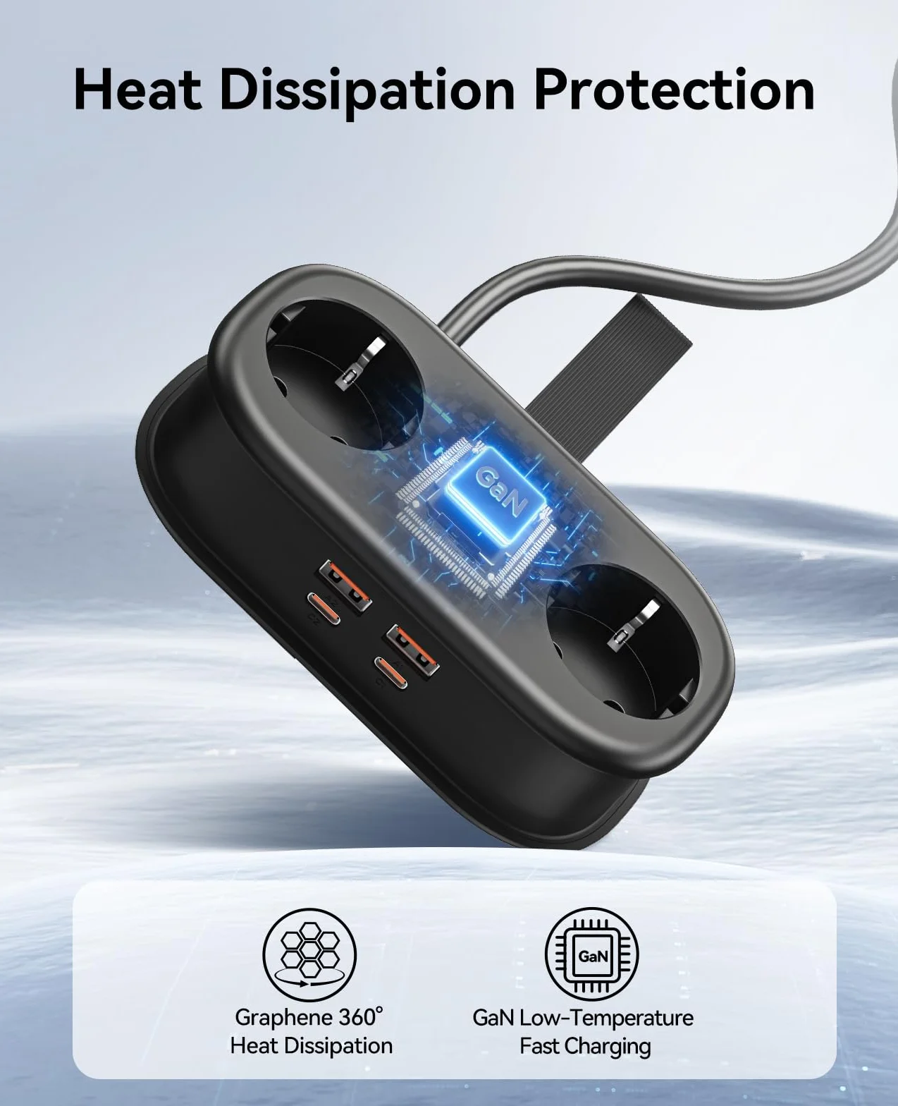 ORICO GaN listwa zasilająca 65 W z USB C, 6 w 1, listwa zasilająca do szybkiego ładowania z 4 USB, przedłużacz o długości 1,6 m, do MacBooka, iPada, telefonu komórkowego, w podróży, AP3, kolor czarny