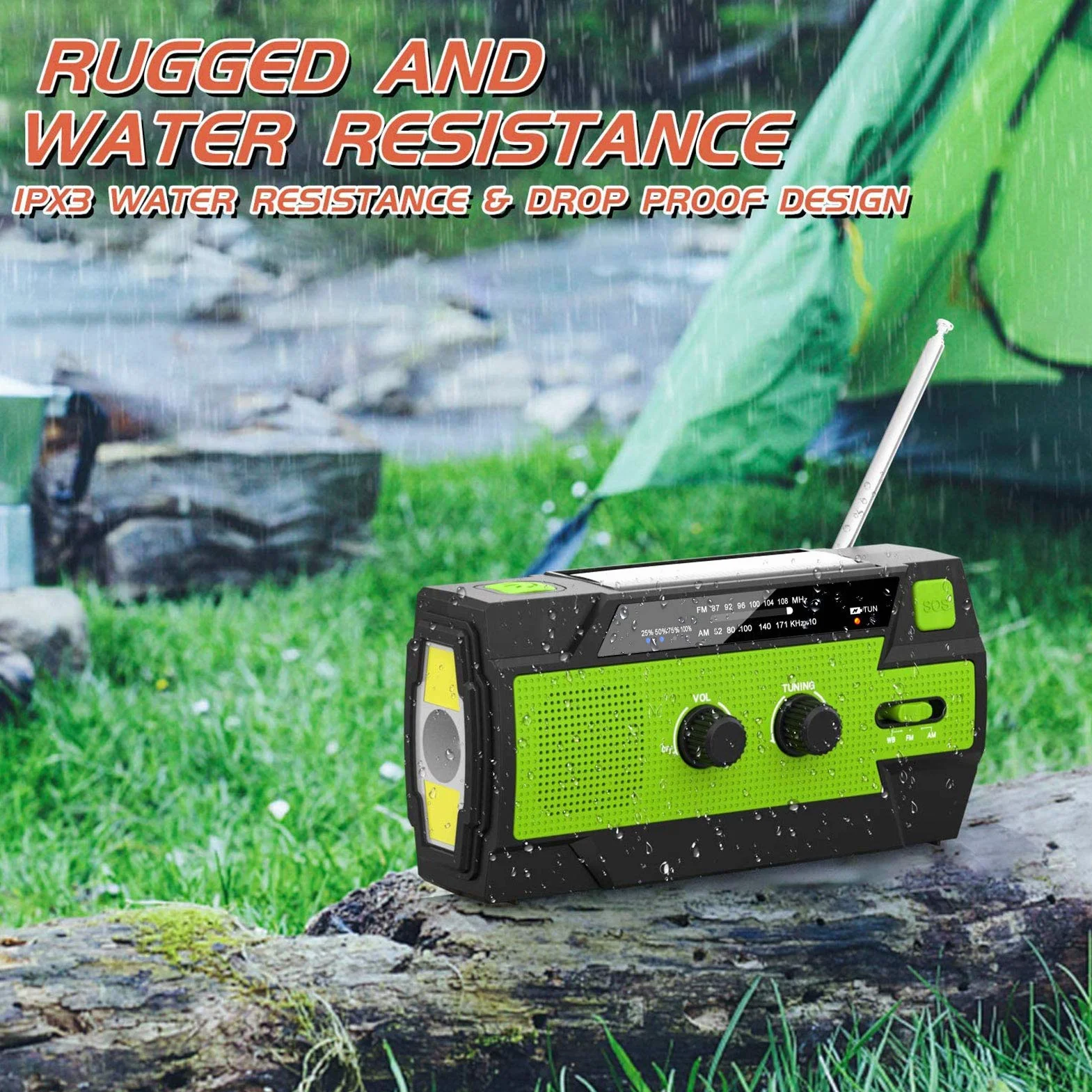 Radio solarne AM/FM korbowe przenośne USB awaryjne akumulator 4000 mAh dynamo zielone