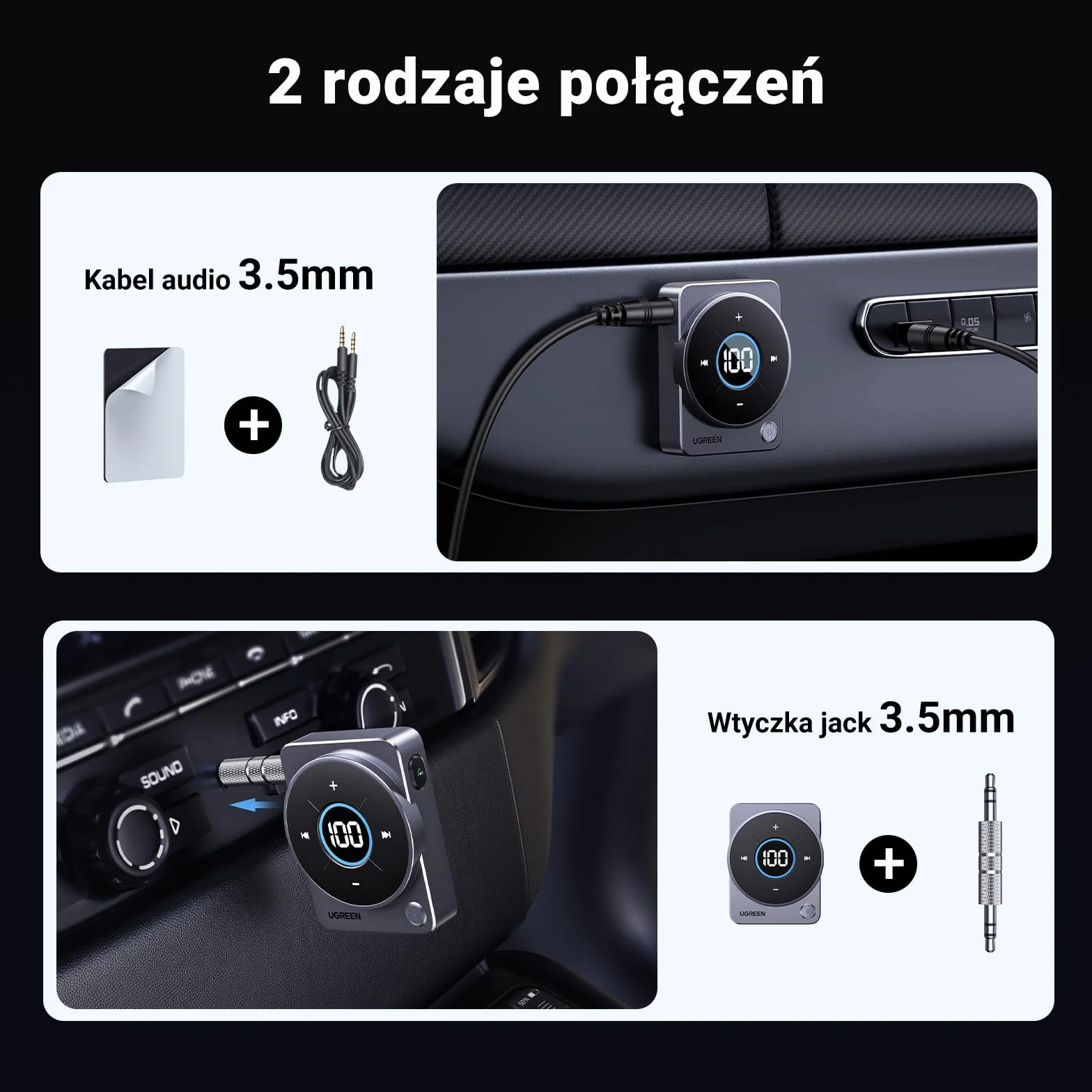 UGREEN Adapter Aux Bluetooth 5.4 do samochodowego adaptera Aux Bluetooth jack 3,5 mm, zestaw głośnomówiący z odbiornikiem Bluetooth 20 godzin odtwarzania dla radia samochodowego/systemu stereo