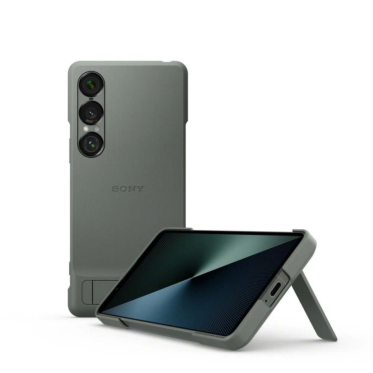Sony Stylowa osłona z podpórką do smartfonu Xperia 1 VII | Pasek zapobiegający | Uniwersalna podpórka i nowy pasek z pierścieniem z myślą o wygodzie i lepszej ochronie, Zieleń mchu