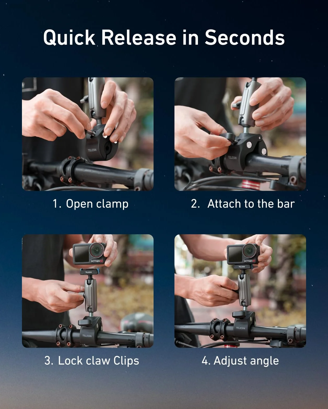 TELESIN Super uchwyt zaciskowy, uchwyt rowerowy do DJI Osmo 360/Action 6 5 Pro/Action 4/Action 3/Pocket 3, klipsy magnetyczne z podwójnym zamkiem | głowica kulowa obracana o 360°, pasuje do kierownicy