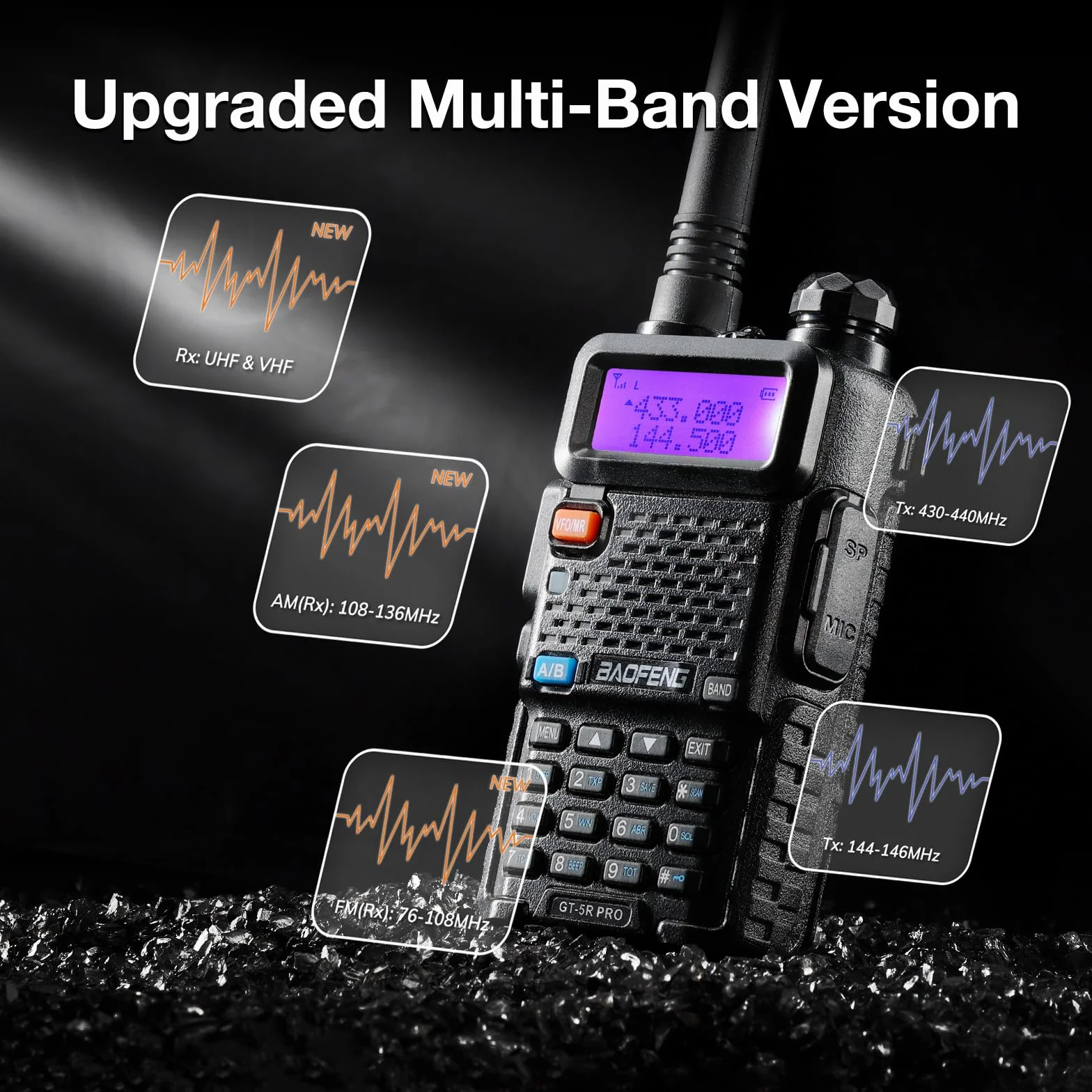 BAOFENG GT-5R Pro Walkie Talkie, UHF VHF 144-146/430-440 MHz, duży zasięg, 128 kanałów, bateria 1800 mAh, słuchawki dla dorosłych, obsługiwane przez Chirp