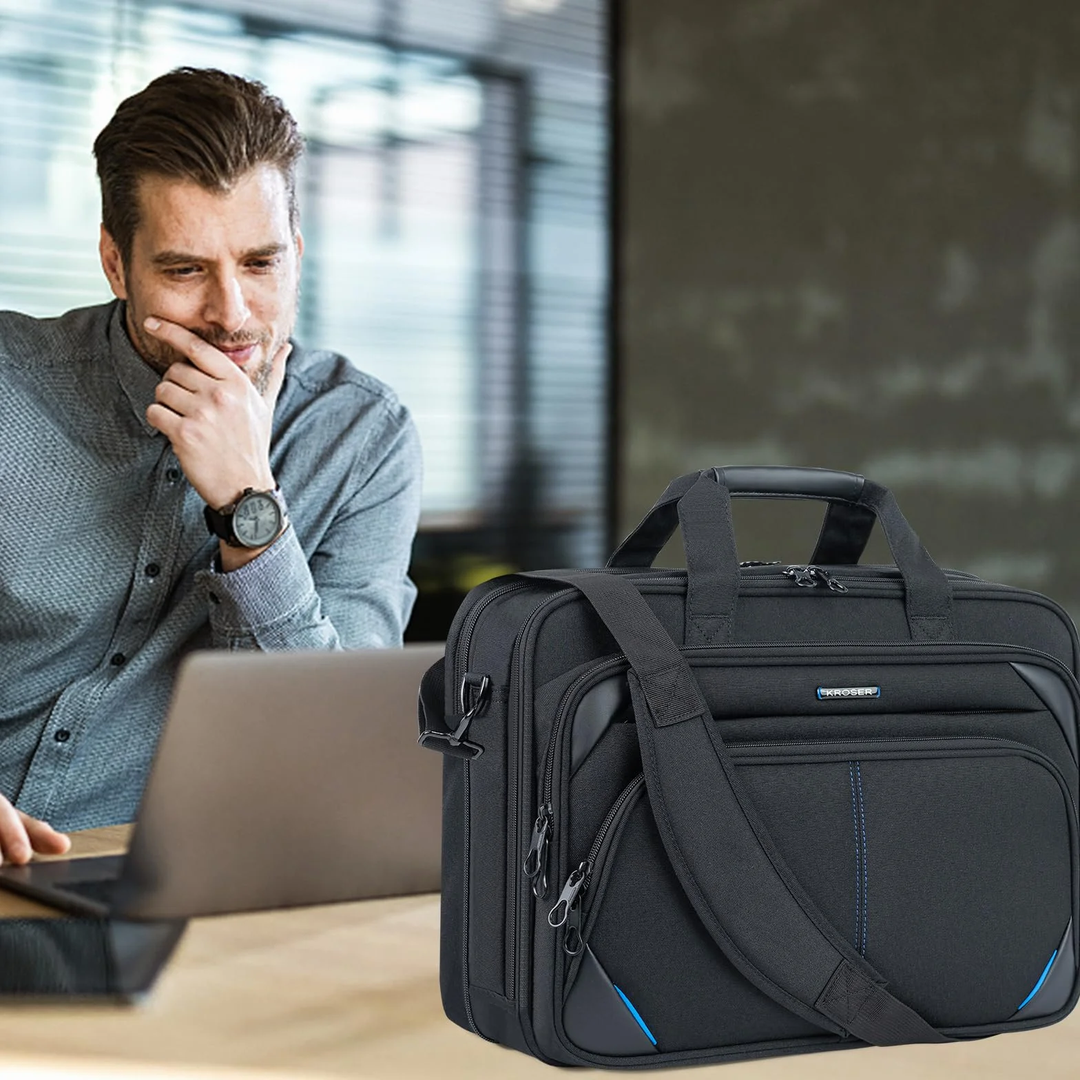 KROSER Torba na laptopa 18-calowa torba biznesowa Laptop na komputer 17,3-calowy, teczka na laptopa, wodoodporna torba na ramię z kieszeniami RFID na studia/mężczyźni/kobiety/mężczyźni/kobiety