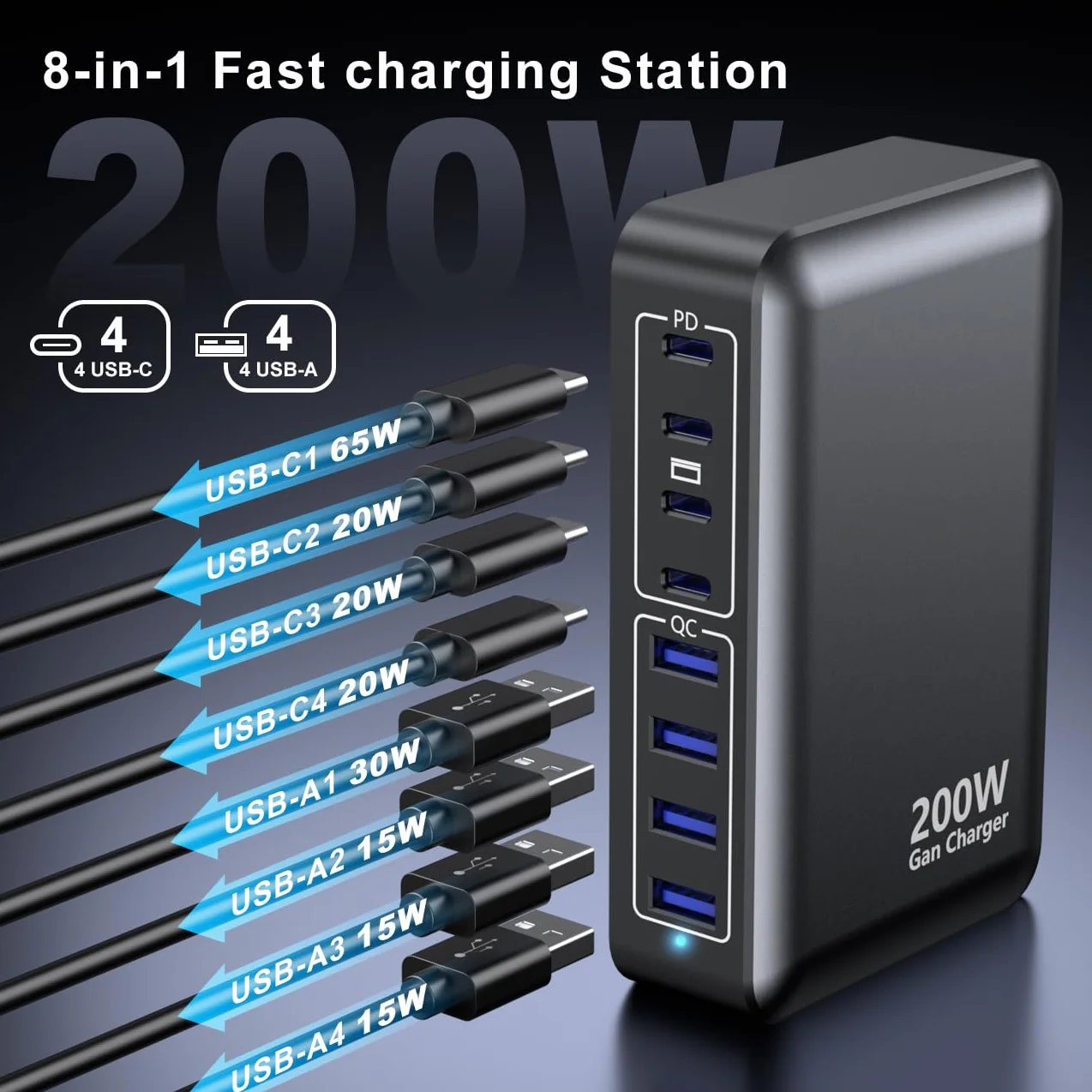 Ładownica USB C 200W 8-portowy Gan Fast Charging Station Hub PD 65W ON/OFF Switch