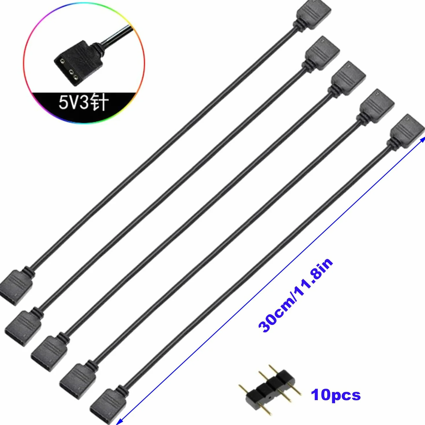 RUNCCI-YUN 5 sztuk 5 V 3-pinowy kabel przedłużający ARGB 3-pinowy, żeński na żeński ARGB przedłużacz wentylatora RGB do komputerów PC i serii LED (30 cm, czarny)