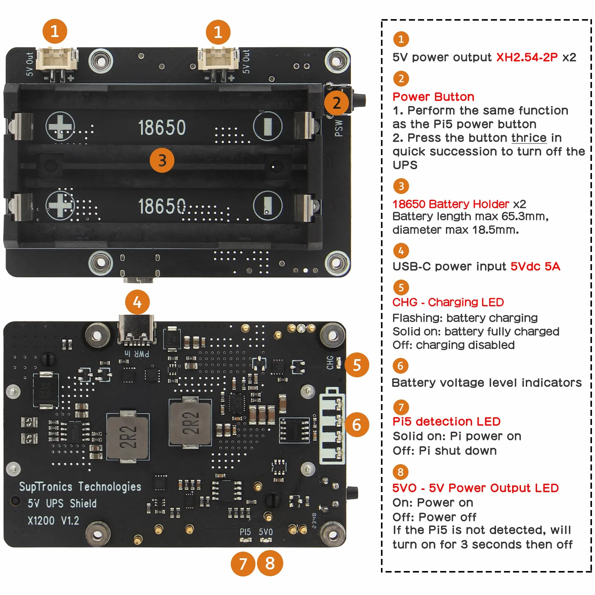 Geekworm X1200 5V UPS Shield for Raspberry Pi 5, with Max 5.1V 5A Output & Auto Power On & Safe Shutdown & Power Loss Detection Function