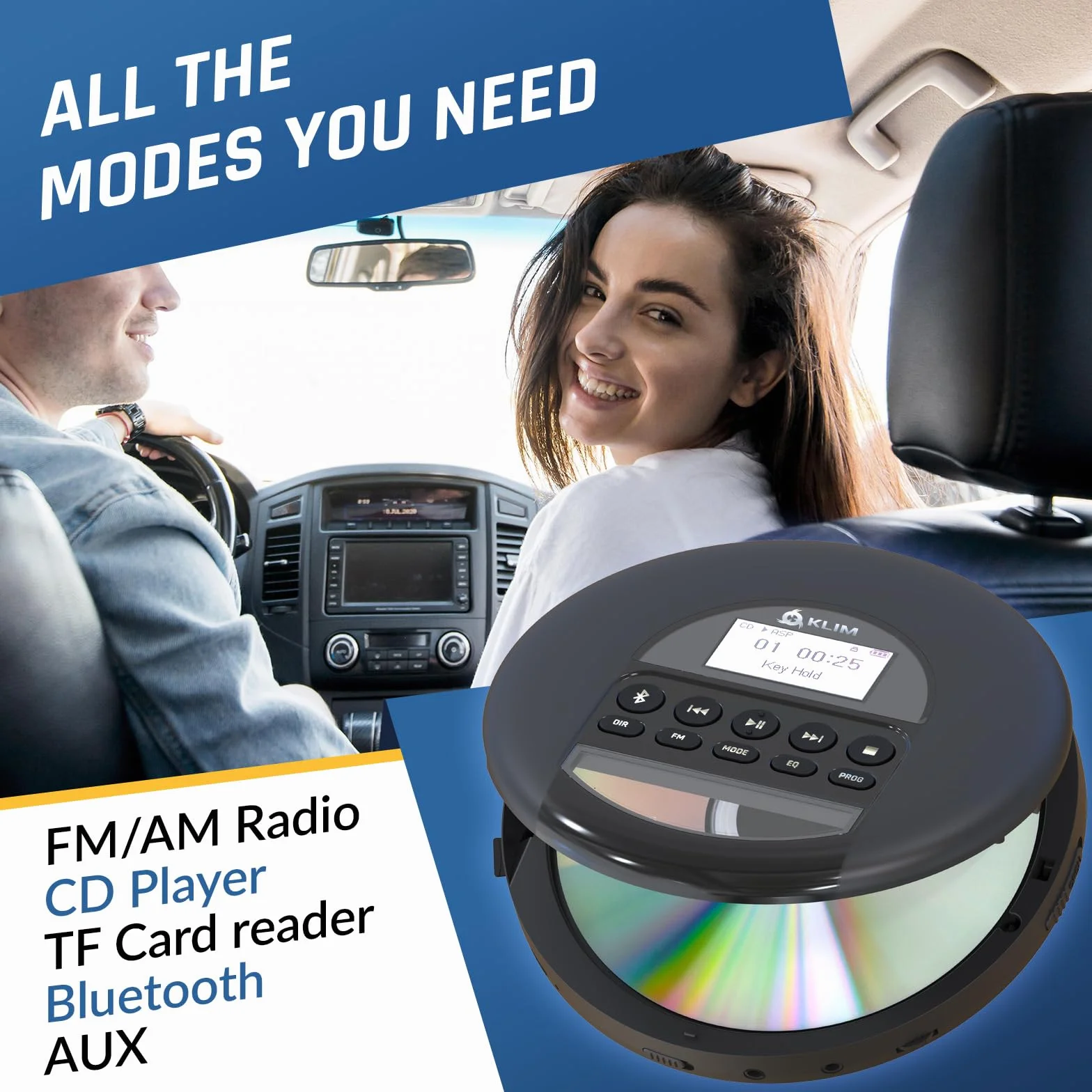 KLIM Nomad Discman przenośny odtwarzacz CD z długotrwałą baterią, ze słuchawkami, radio FM, kompatybilny odtwarzacz MP3, CD, radio FM, Bluetooth, idealny do samochodów, nowa wersja, kolor srebrny