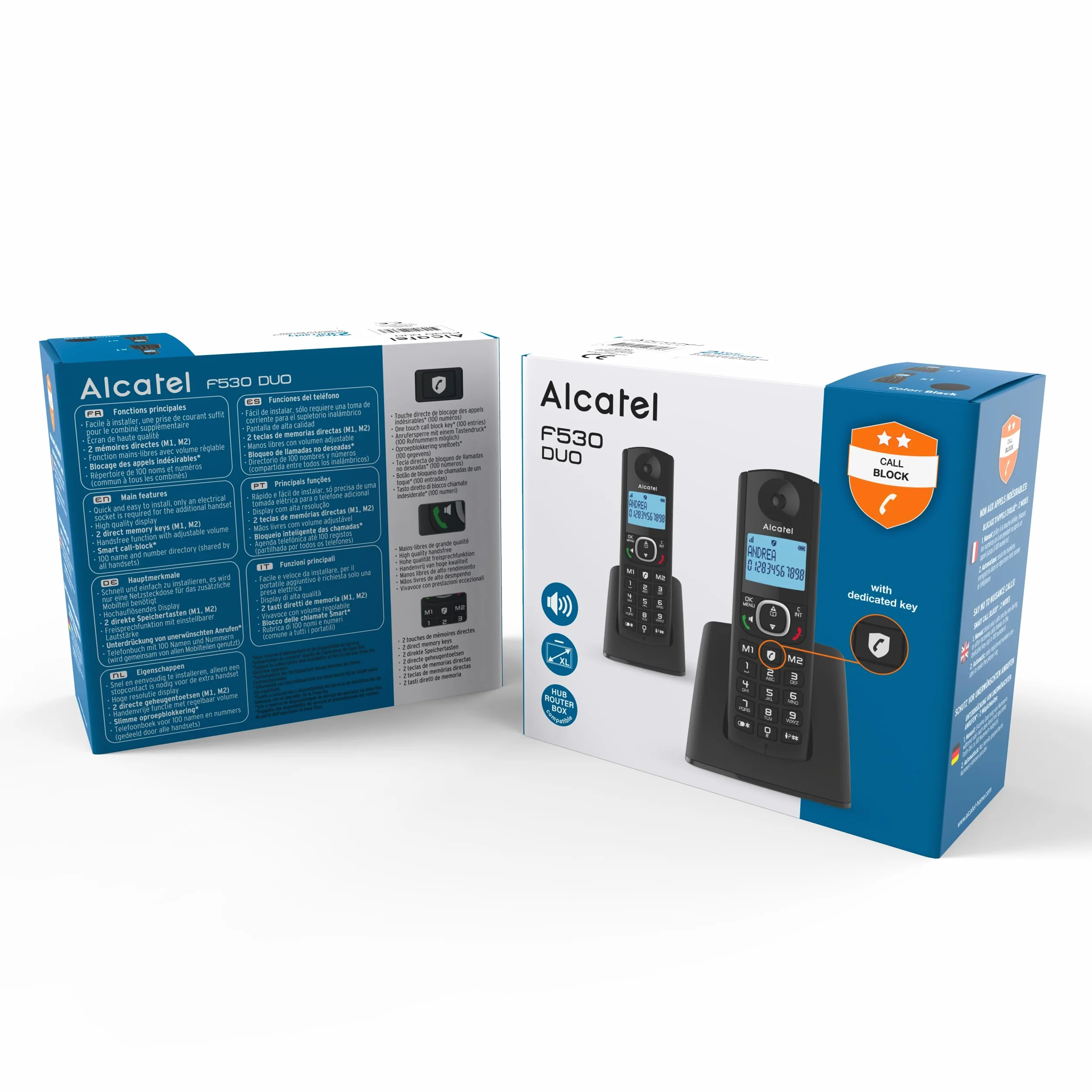 Alcatel F530 Duo, telefon bezprzewodowy z 2 słuchawkami, blokada połączeń, zestaw głośnomówiący i dwie pamięci bezpośrednie, czarny