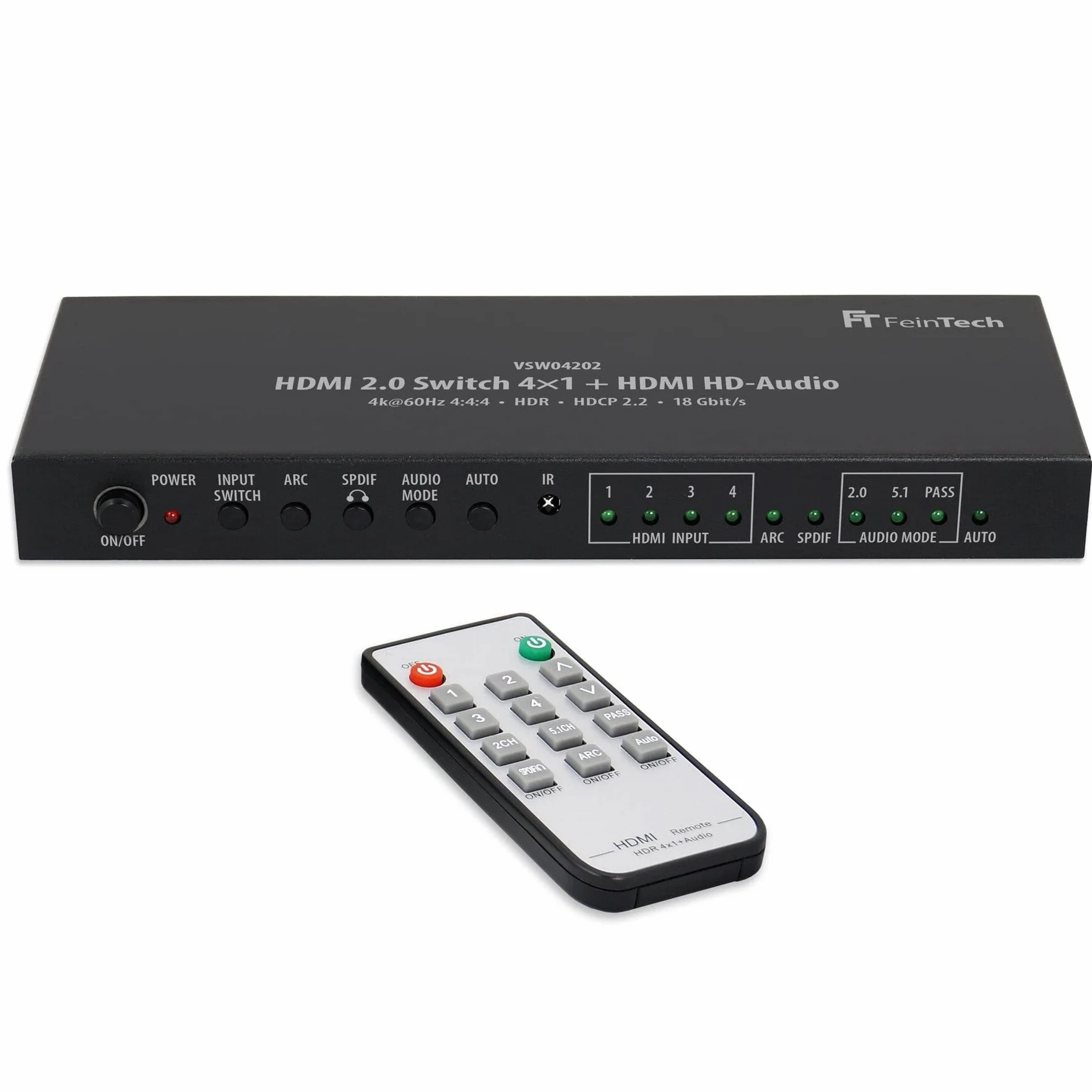 FeinTech HDMI 2.0 Switch 4x1 HD-Audio Extractor 7.1 ARC 4K 60Hz HDR CEC